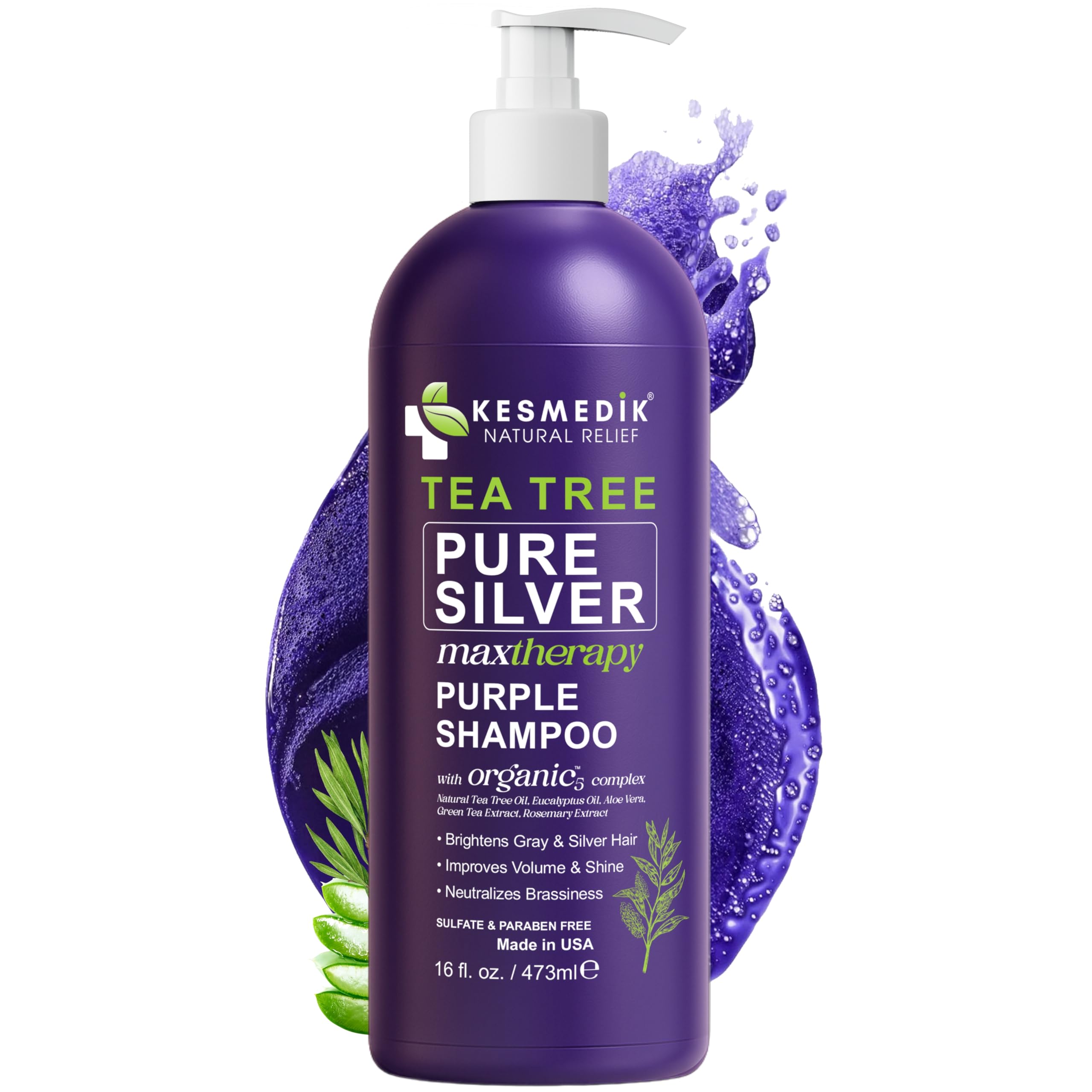 Tea Tree Purple Shampoo with Rosemary & Aloe, Professional Anti Brass Toner, Removes Yellow Tones for Gray, Bleached, White & Blonde Hair, Nourishes & Refreshes Scalp, Sulfate-Free, 16 fl oz