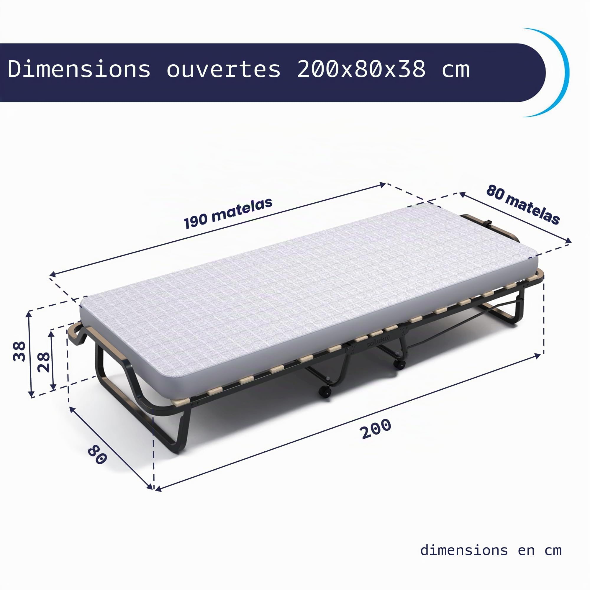 soluko Lit Pliant 80x200 avec Sommier à Lattes, Matelas en Mousse à Mémoire de Forme, Housse Anti-Poussière Incluse, Structure Robuste avec 4 roulettes – Made in Italy