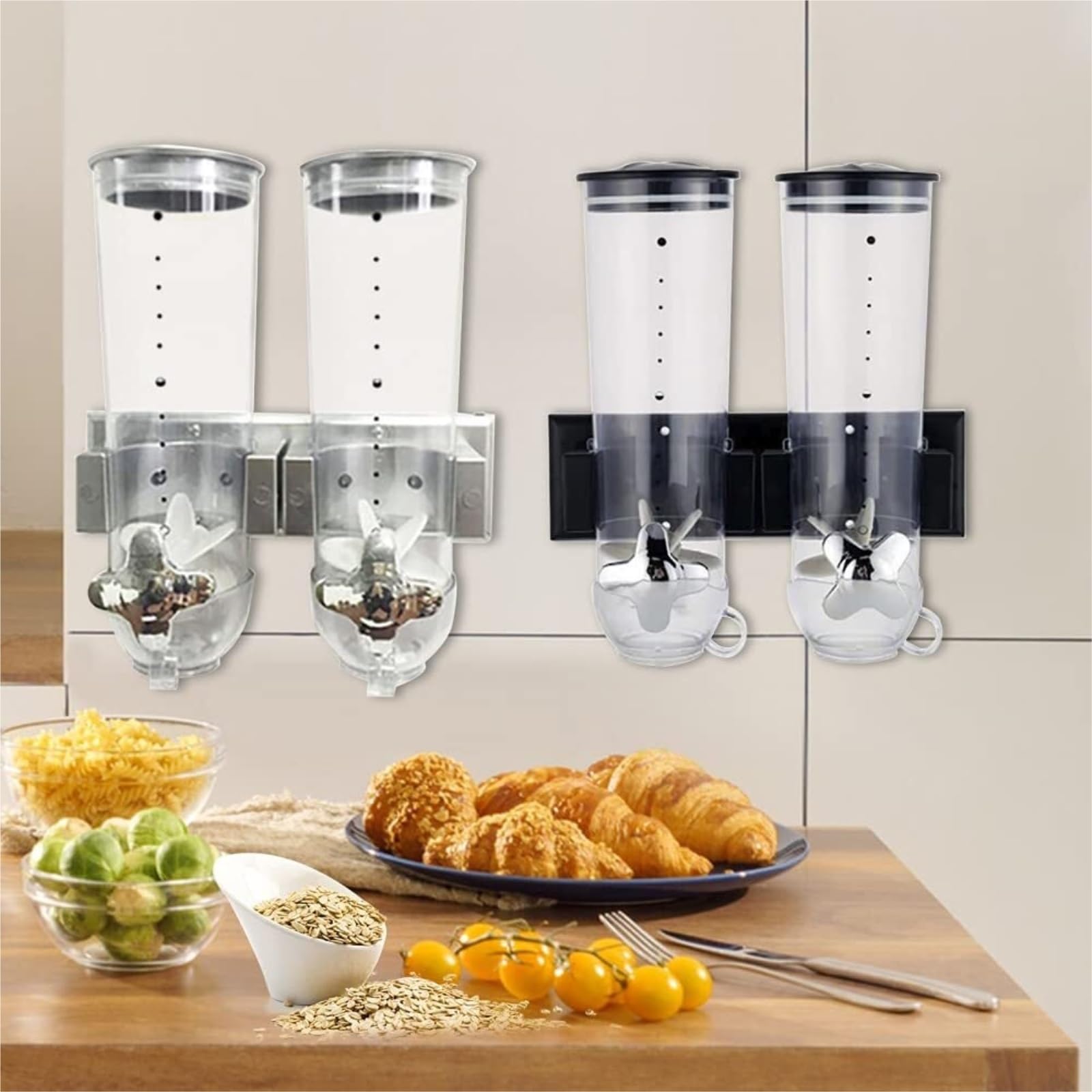 Dispenser per Riso Distributore da Parete Contenitore per Cereali Barattolo per Snack da Cucina Contenitore per Cereali Contenitore Multi-Scomparto Contenitori per Cereali(Black)