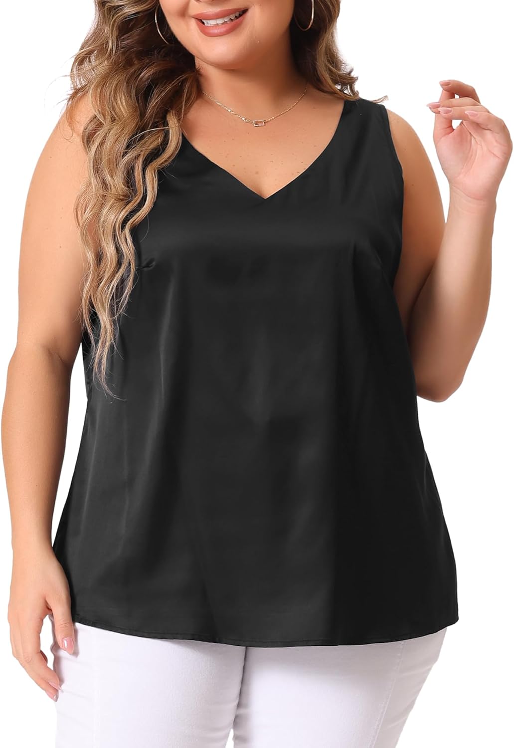 Agnes Orinda Plus Size Silk Satin Tank Tops for Women V Neck Casual Cami Sleeveless Blouses Summer Basic Camisole