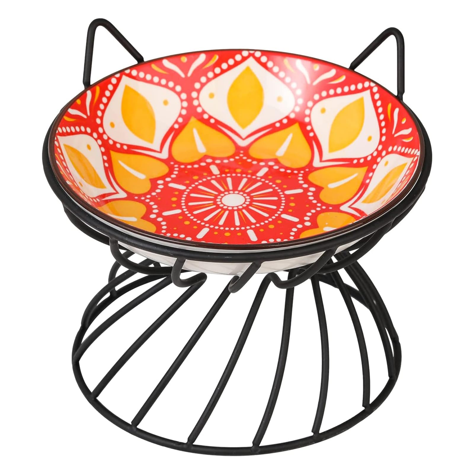 Raised Ceramic Cat Food Bowl - Elevated Cat Dish with Anti Slip Stand - Wide Shallow Cat Bowl Whisker Friendly - Cute Cat Plate - Cat Feeding Bowls - Microwave and Dishwasher Safe - 8.5 oz - 5.75 inch