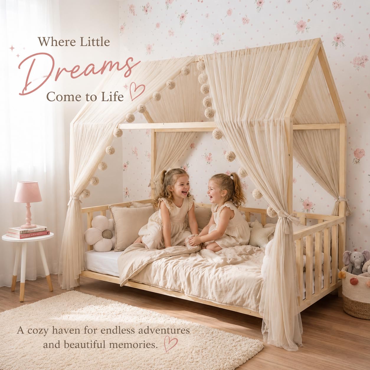 Baby Fancyroom Dosel para cama infantil, dosel, dosel, para habitación infantil, dosel, para niñas, princesas, habitación (beige, 300 cm, sin mariposas)