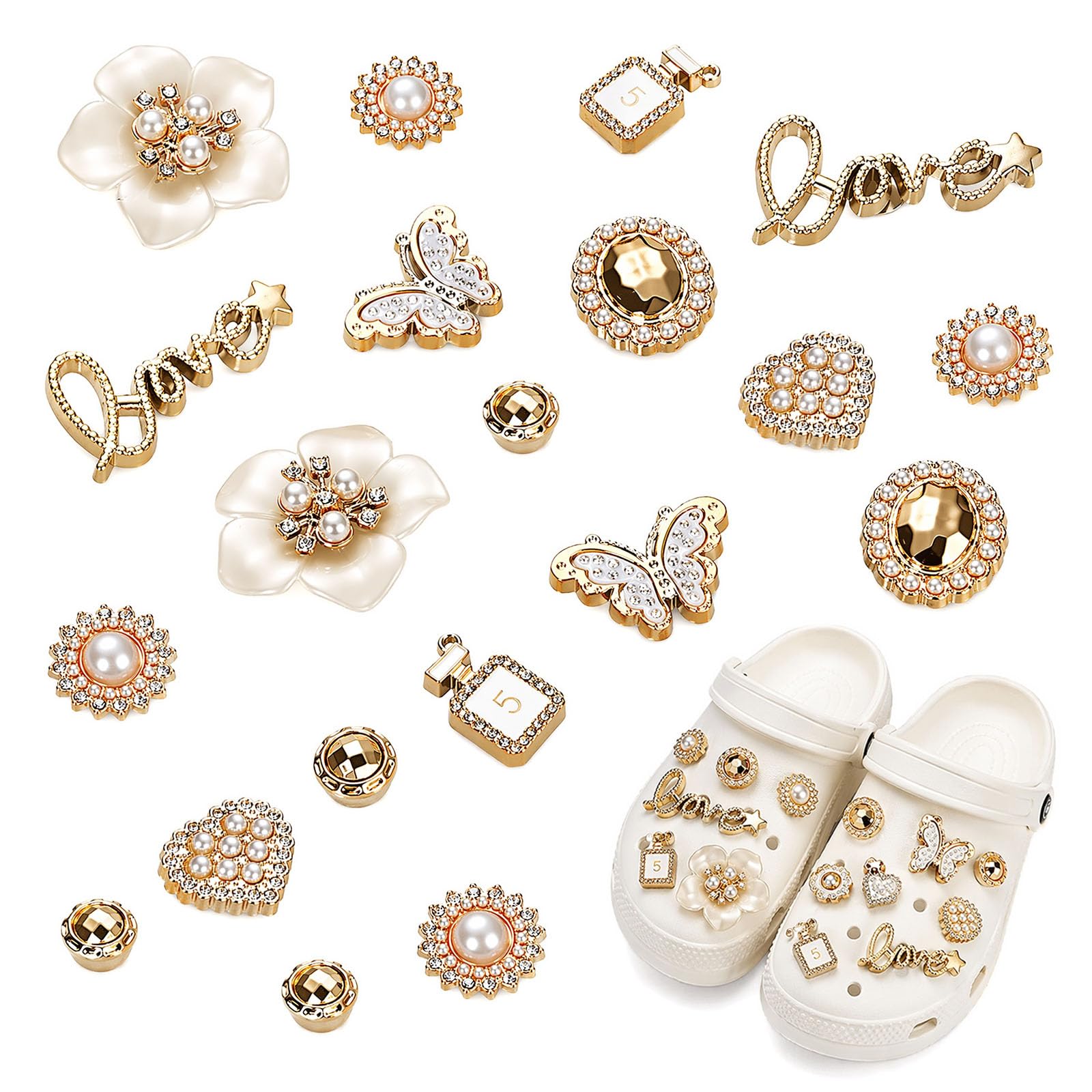 Dooaqiin 20 Pcs Crystal Rhinestone Shoe Charms Metal Flower Butterfly Pearl for Clogs Sandals