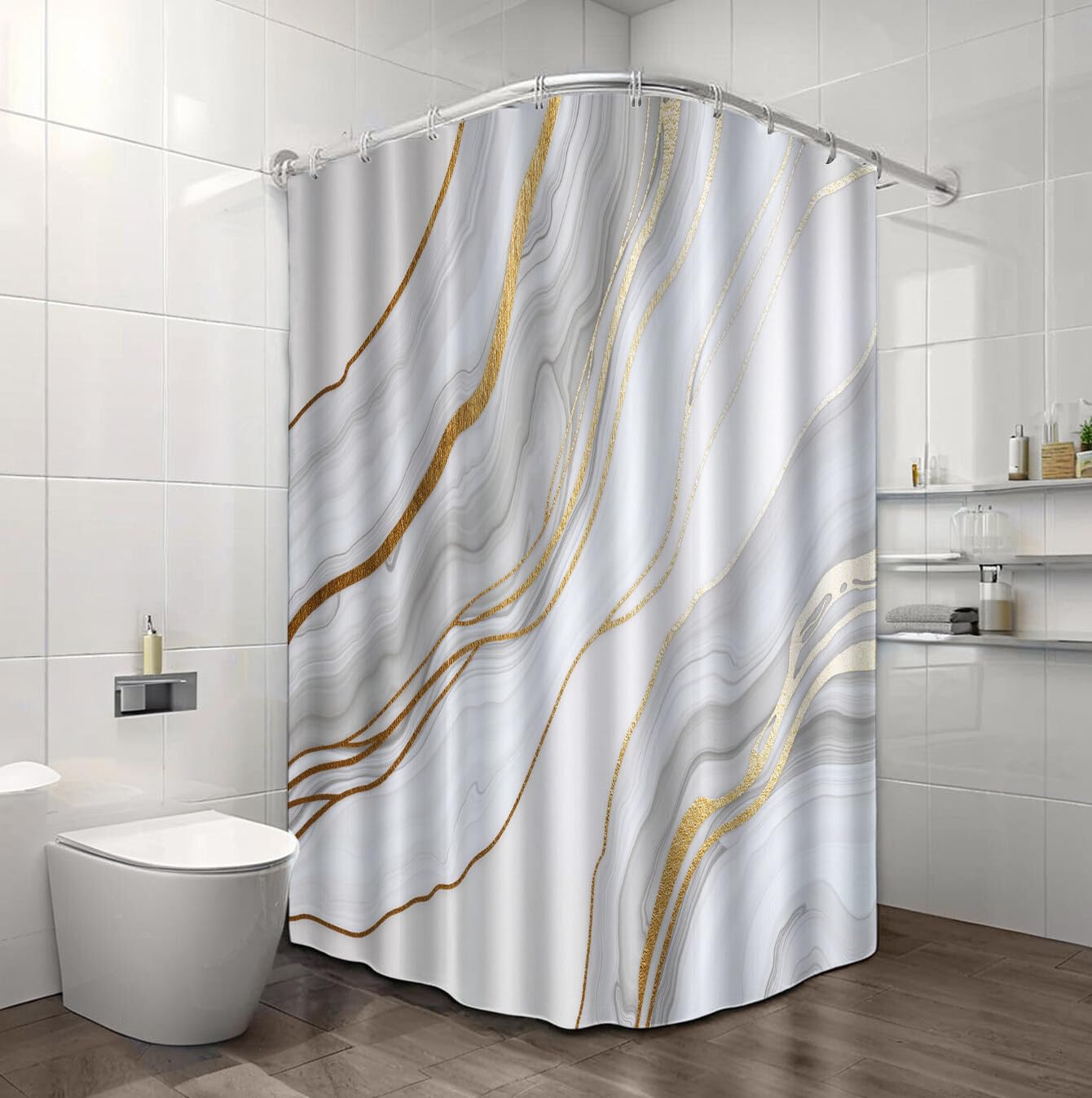 Rideau De Douche Marbre Texturé Luxe Abstrait Tissu Imperméable Lavable avec Crochets Anti Moisissure en Polyester Rideau Douche pour Salle De Bain