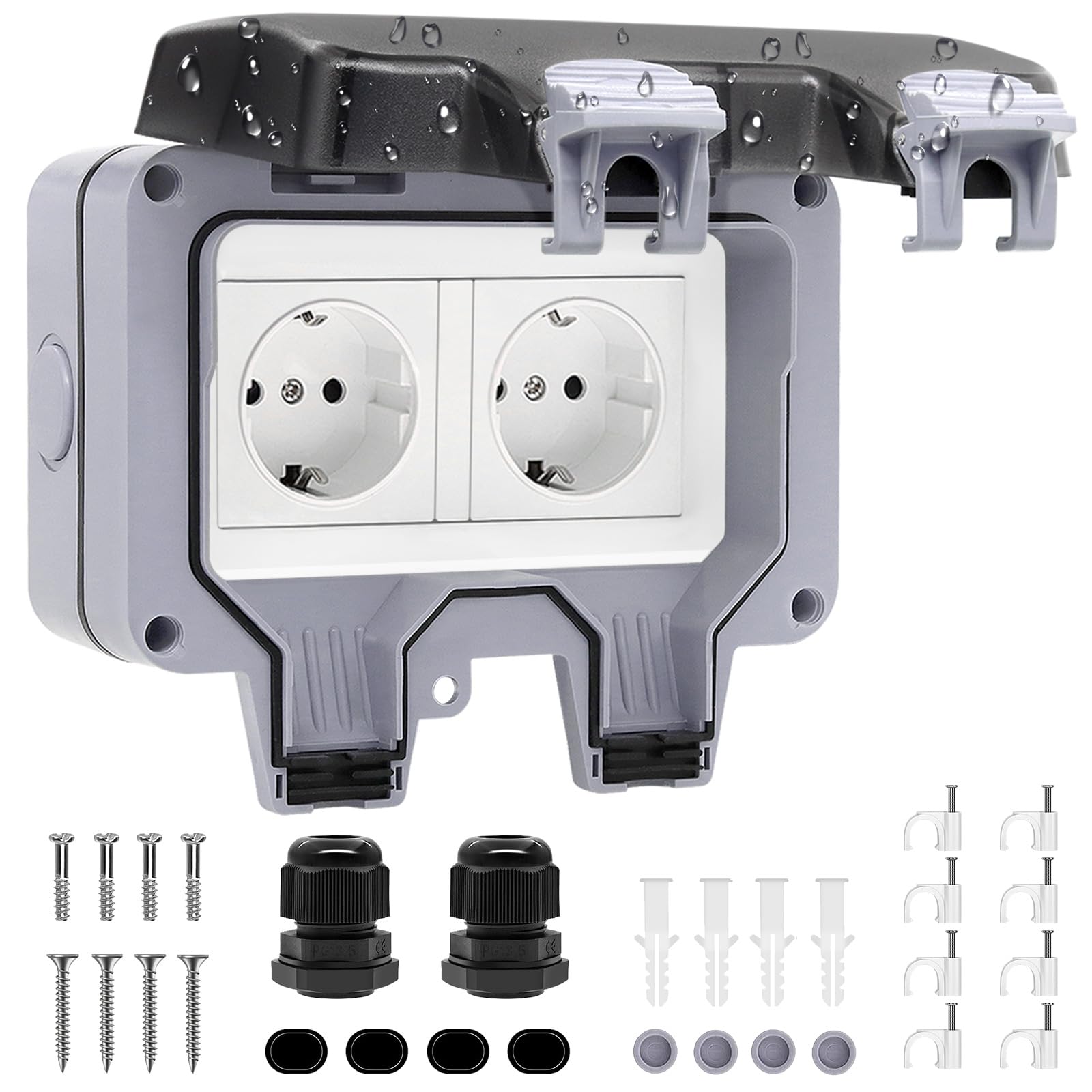 Aussensteckdose Wasserdicht IP66 Gartensteckdose Aufputz Wetterfest Outdoor Steckdose, 2 Fach Schutzkontakt Wandsteckdose mit Klappdeckel für Feuchtraum Gärten Schwimmbad Aussenbereich