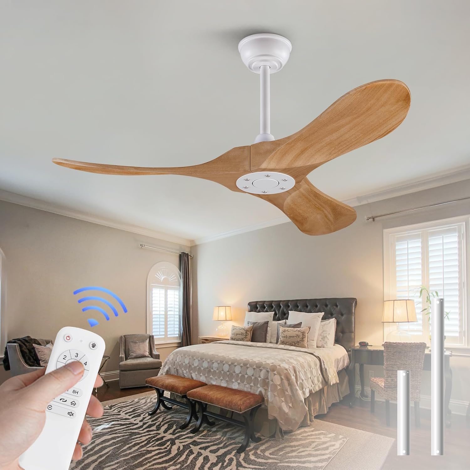 BOJUE Ceiling Fan Without Light,42 Inch Modern Ceiling Fan no Light with Remote,3 Wooden Blades,Reversible DC Motor,6 Speeds,Outdoor Indoor Ceiling Fans for Porch Patio Bedroom