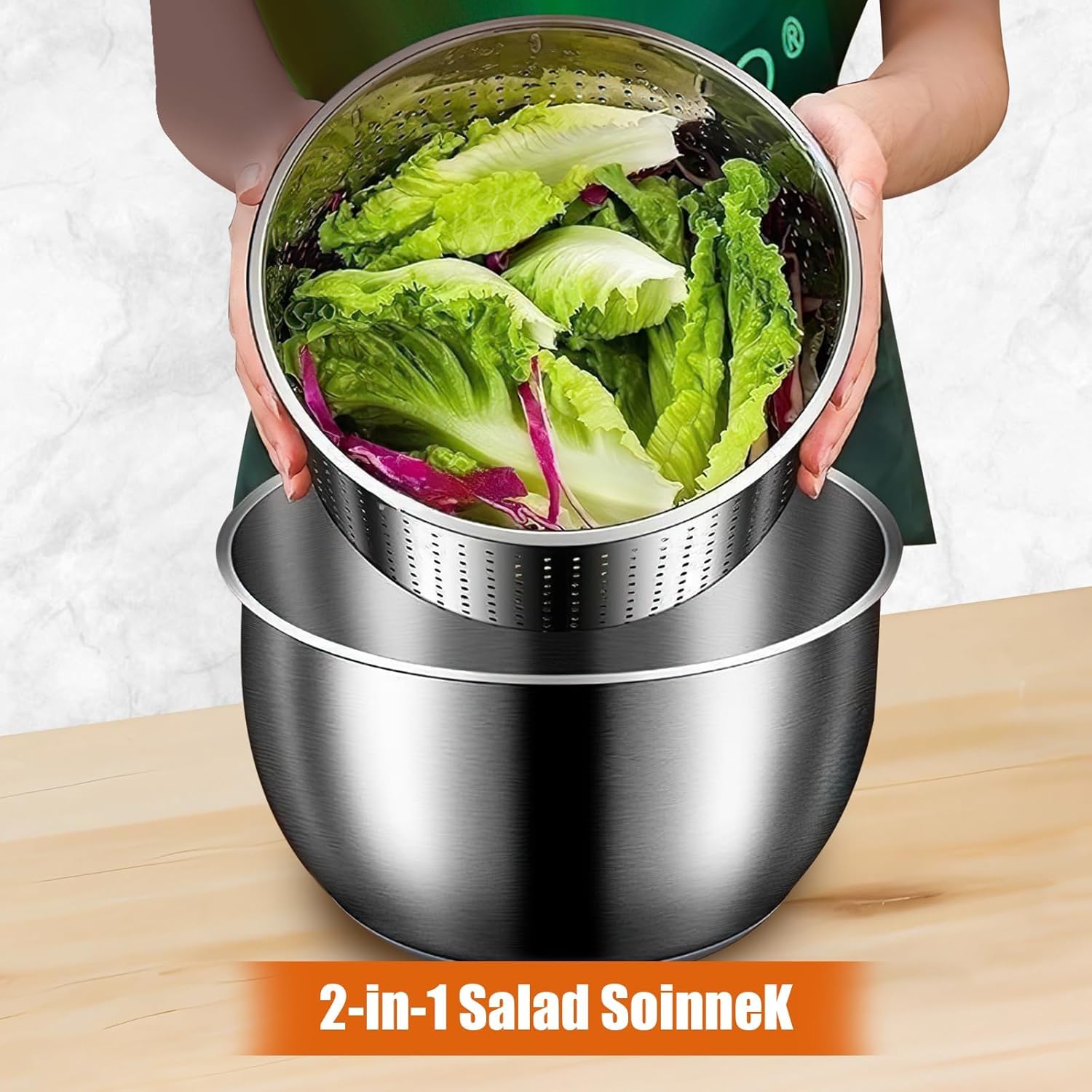 Stainless Steel Salad Spinner, 6L Multi-Use Lettuce Spinner with PP Lid, Large Vegetable Washer with Non-Slip Base, Fruit Washer，Vegetable Dryer