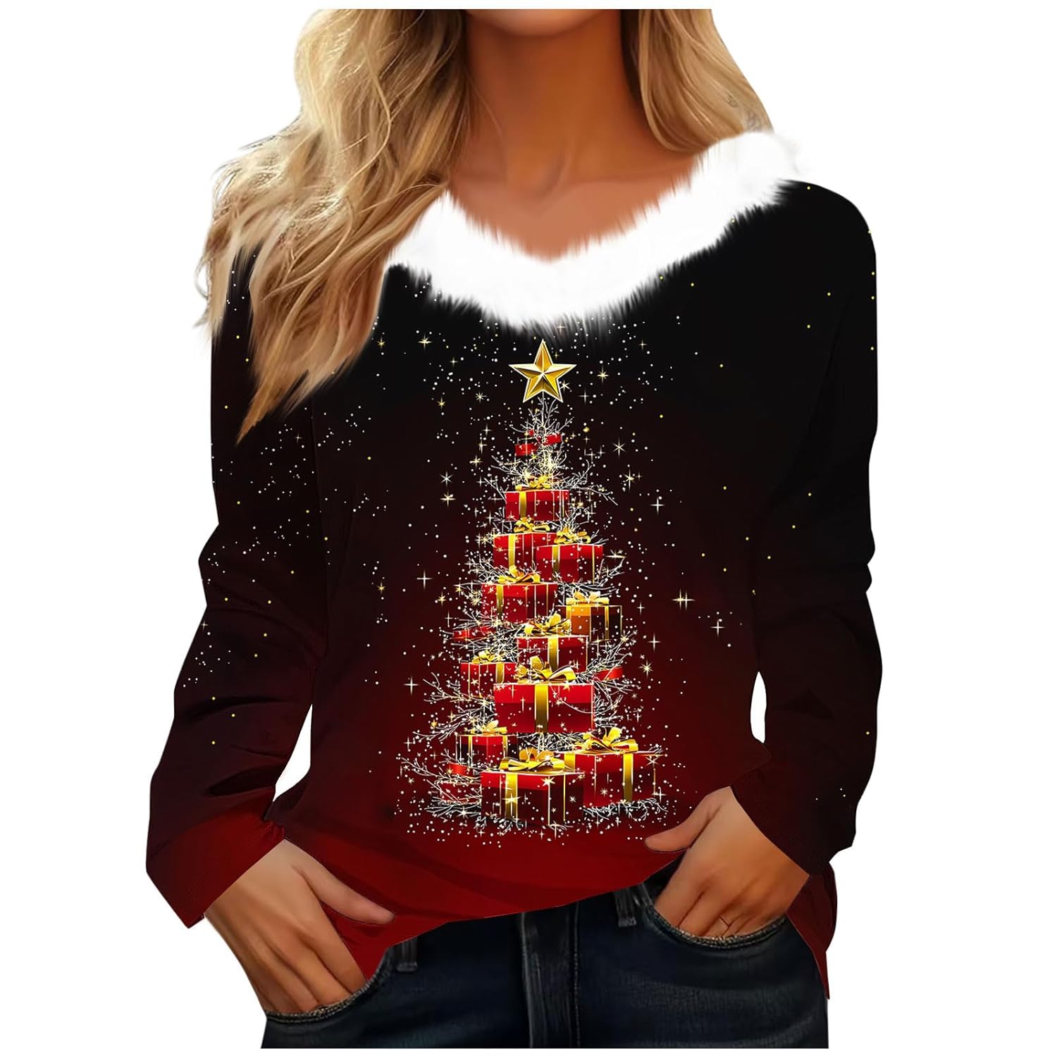 Christmas Sweater Women Faux Fur Trim Graphic Xmas Sweatshirts Long Sleeve V Neck Casual Holiday Pullover Shirts