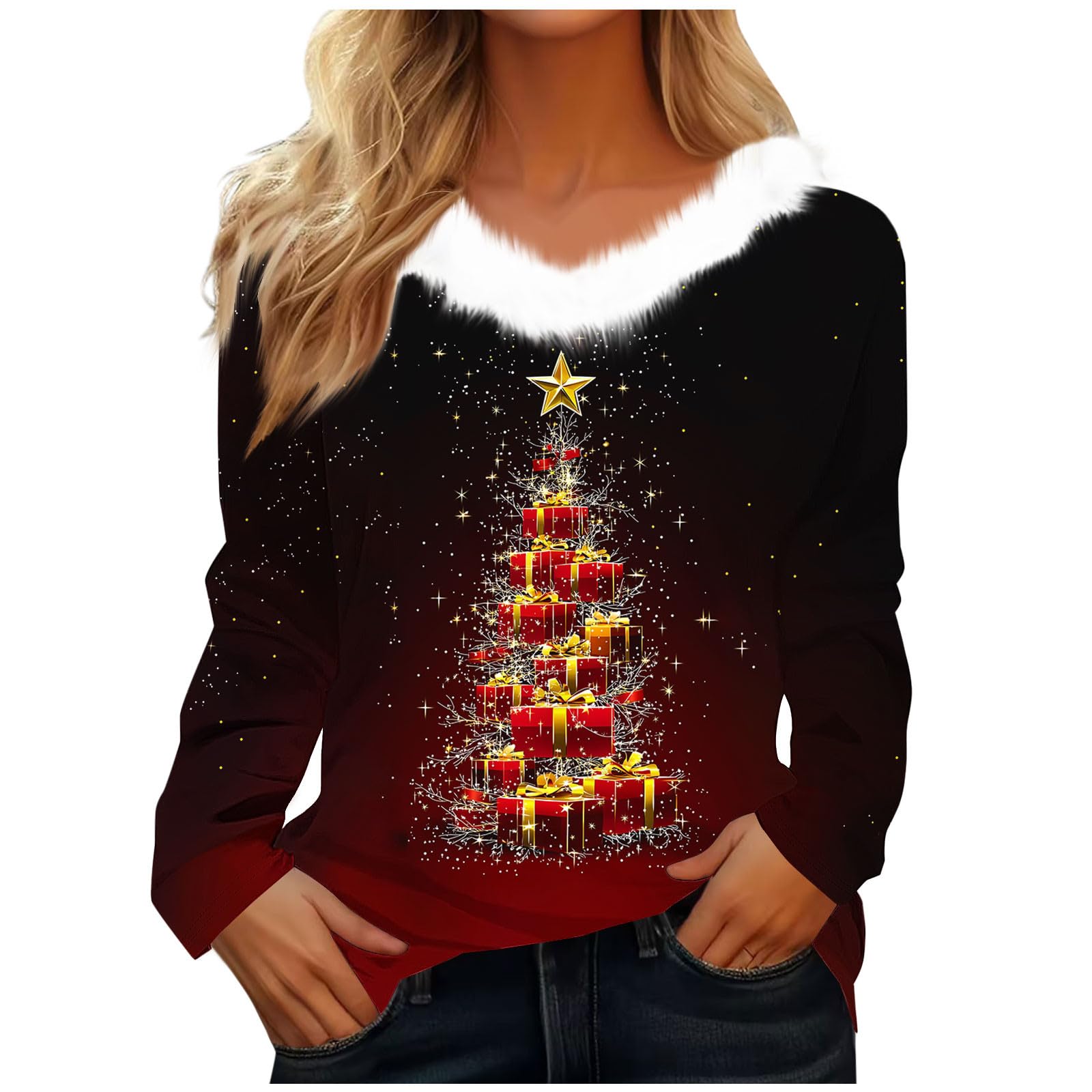 Christmas Sweater Women Faux Fur Trim Graphic Xmas Sweatshirts Long Sleeve V Neck Casual Holiday Pullover Shirts