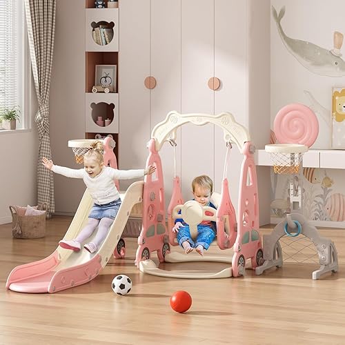 Miniatura 3 de Juego de toboganes 5 en 1 para niños pequeños, estructura de juego para bebés, tobogán para niños con columpio, aro de baloncesto y pelota, campo de
