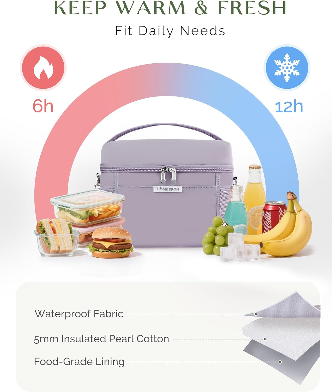 HOMESPON Lunch Box for Women Men - Insulated Lunch Bag Waterproof Lightweight Cooler Bag for Work, Picnic, Travel (Medium, Purple) - Image 5