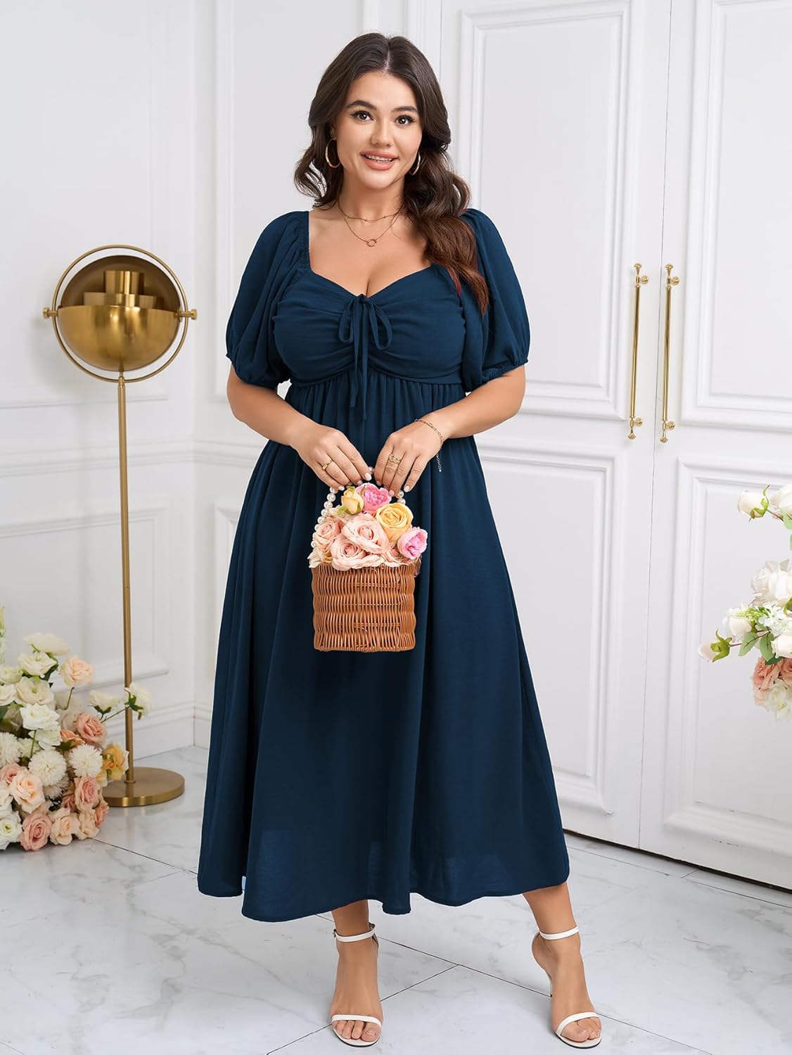 SCOMCHIC Plus Size Sweetheart Neckline Maxi Dress Formal Wedding Guest Short Puff Sleeve Cocktail Smocked A-Line Dresses - Image 5