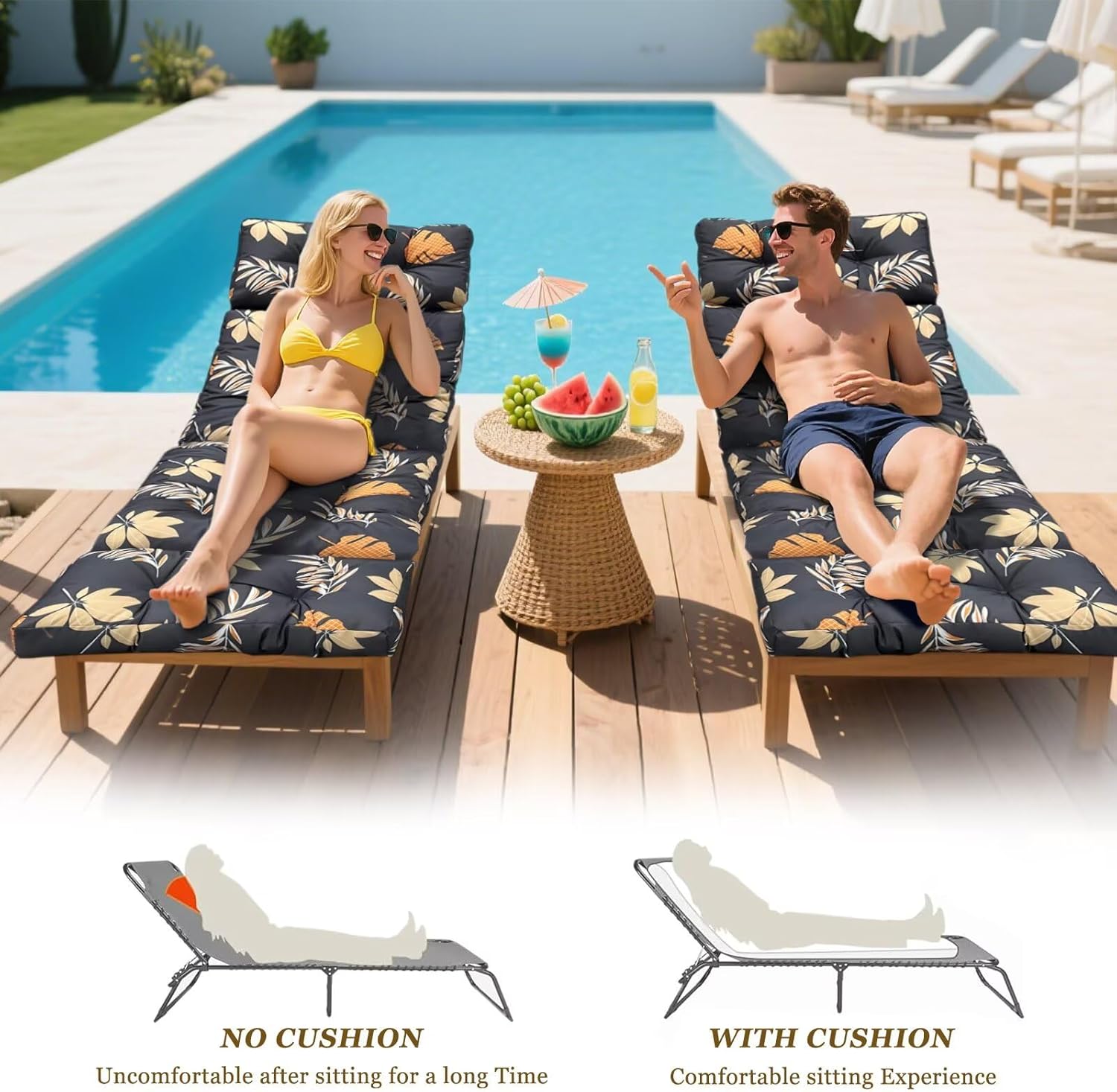 Outdoor Chaise Lounge Chair Cushion 75.1 x 23.6 x 4.7in, Waterproof Replacement Cotton Patio Thickened Pool Lounge Chair Cushion with Ties for Patio Outdoor Furniture,Autumn Leaves