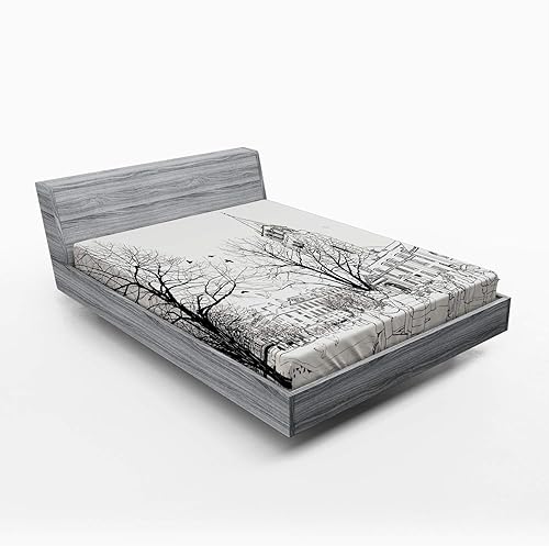 Miniatura 8 de Ambesonne Paris Fitted Sheet, People Passing by St-Germain-des-Pres Area Medieval Europe Parisian Winter, Bed Cover with All-Round Elastic Deep