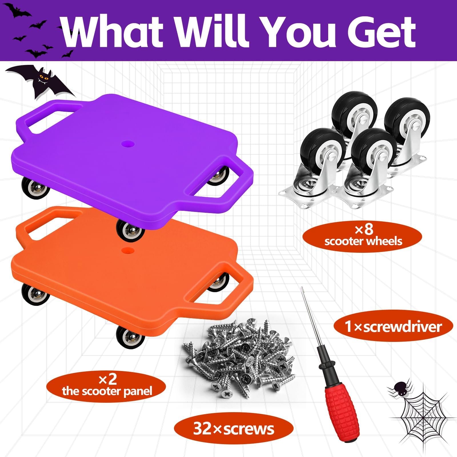 2 patinetes deportivos con asas de colores para sentarse, con ruedas de plástico para niños, gimnasio, actividades en interiores y exteriores, equipo de juego (naranja, morado) 3