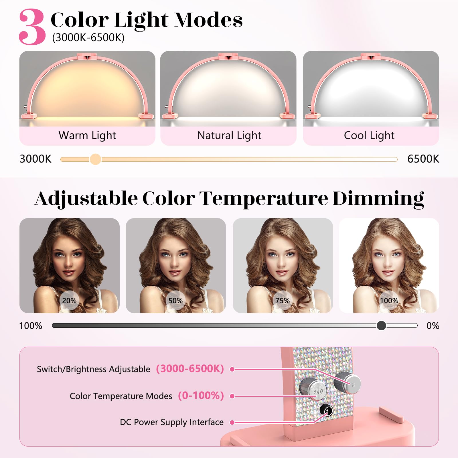 Half Moon Light for Nail Tech: 31 inch Lash LED Lamp with Phone Holder - 48W Foldable Arch Lights for Eyelash Tech - Manicure Handicraft Lighting for Spa,Salon: Pink