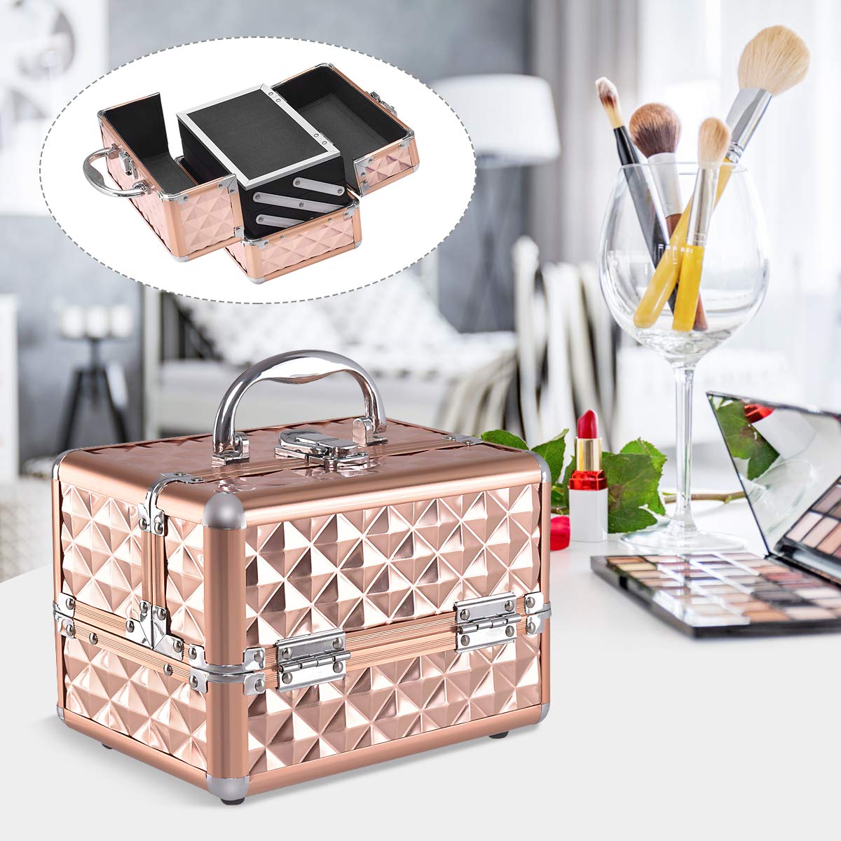 GOPLUS Kosmetyczka piętrowa walizka podróżna złoty 23 x 15 x 18 cm