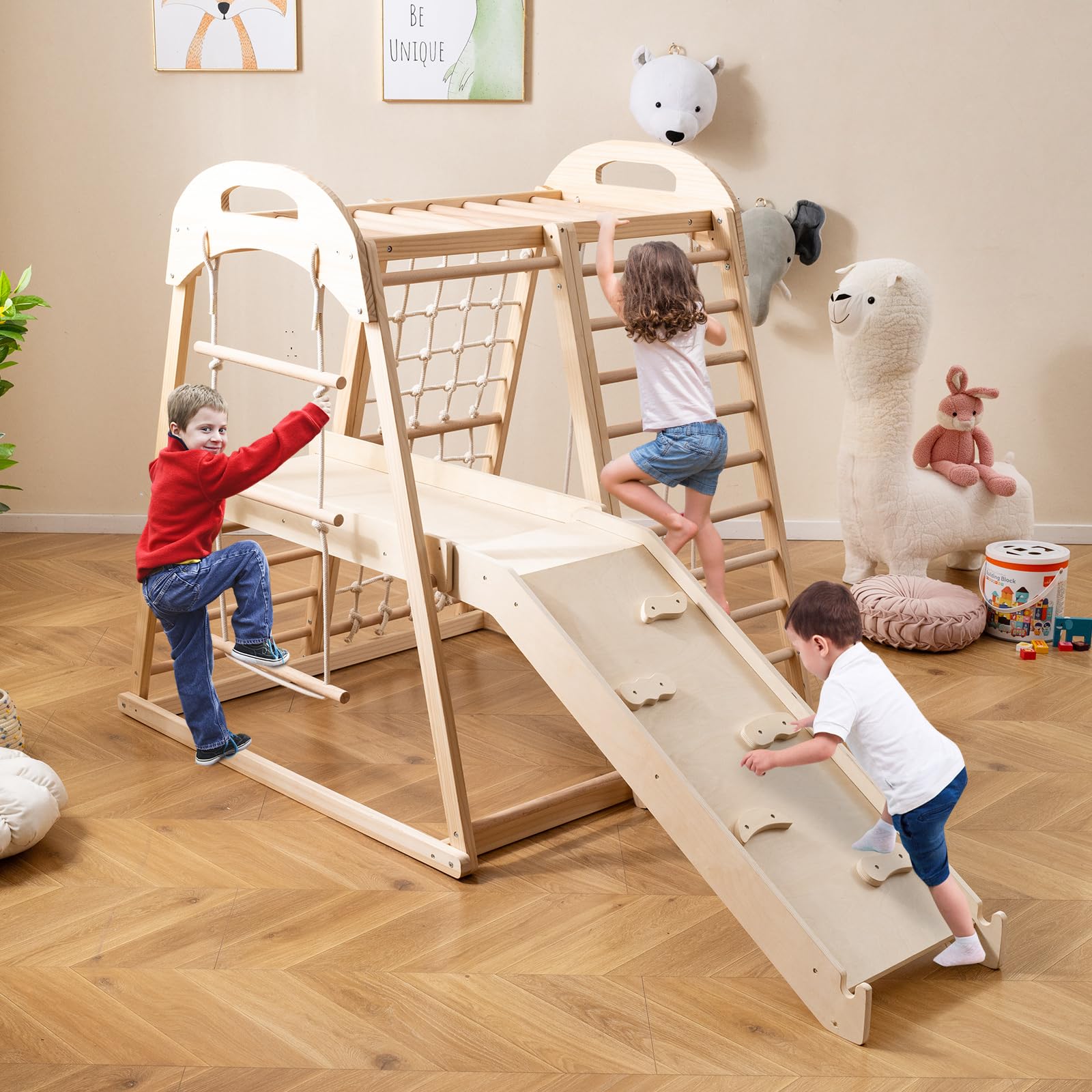 DREAMADE 8 in 1 Klettergerüst aus Holz, Montessori Kletterdreieck mit Schaukel & Leiter, Spielturm mit Rutsche & Kletternetz, Indoor Spielplatz für Kinder ab 3 Jahren (Natur)