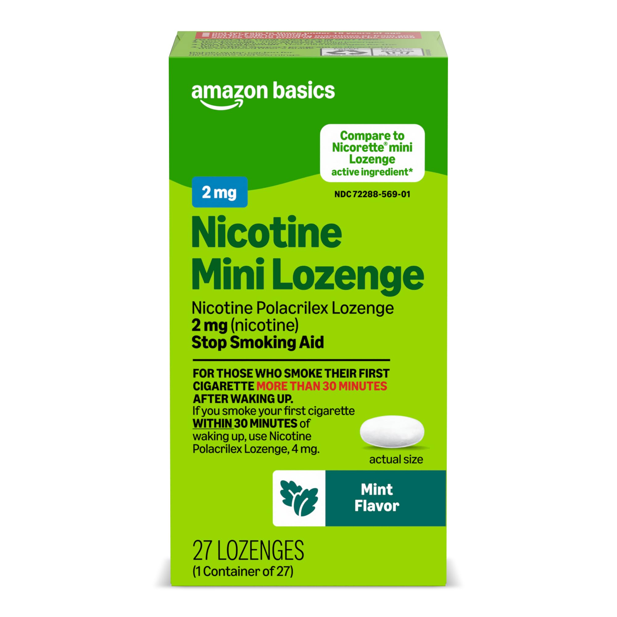 Amazon Basics Mini Nicotine Polacrilex Lozenge, 2 mg (Nicotine), Stop Smoking Aid, Mint Flavor; Quit Smoking with Mint Nicotine Lozenge, 27 Count (Previously Amazon Basic Care)