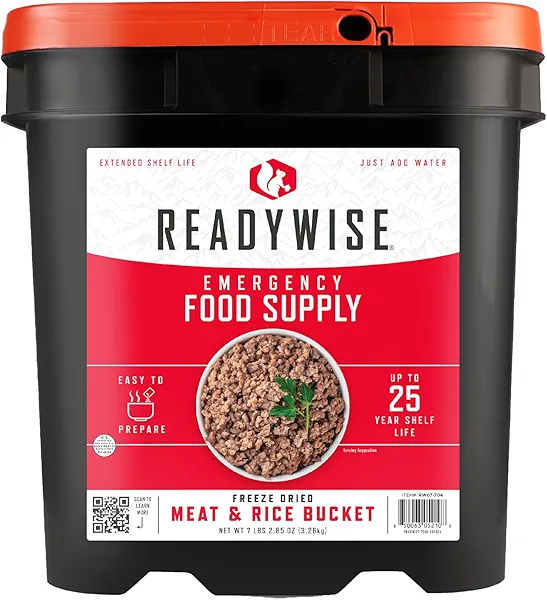 ReadyWise Emergency Food Supply - 88 Servings Meat & Rice Bucket, Freeze Dried Protein Meals, Camping Essentials, Bulk Rice & Survival Food, Disaster Prepping Supplies, up to 25 Year Shelf Life