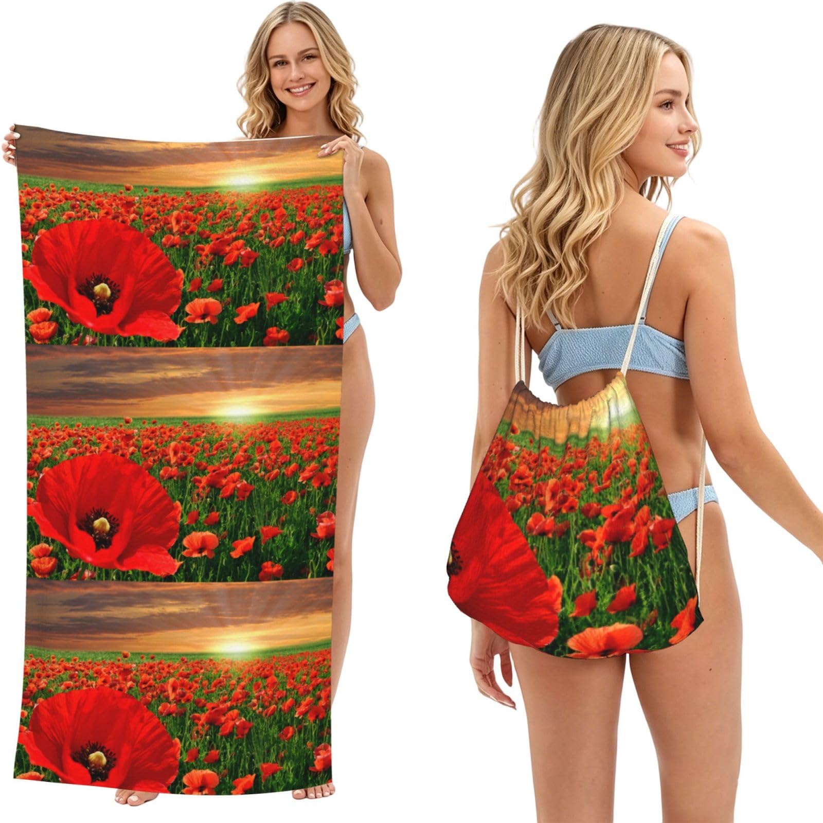 Poadnly As Picture Sunset Poppy Field, 2 In 1 Packable Towel Bag, Beach Towels With Drawstring Backpack For Travel Holiday Camping