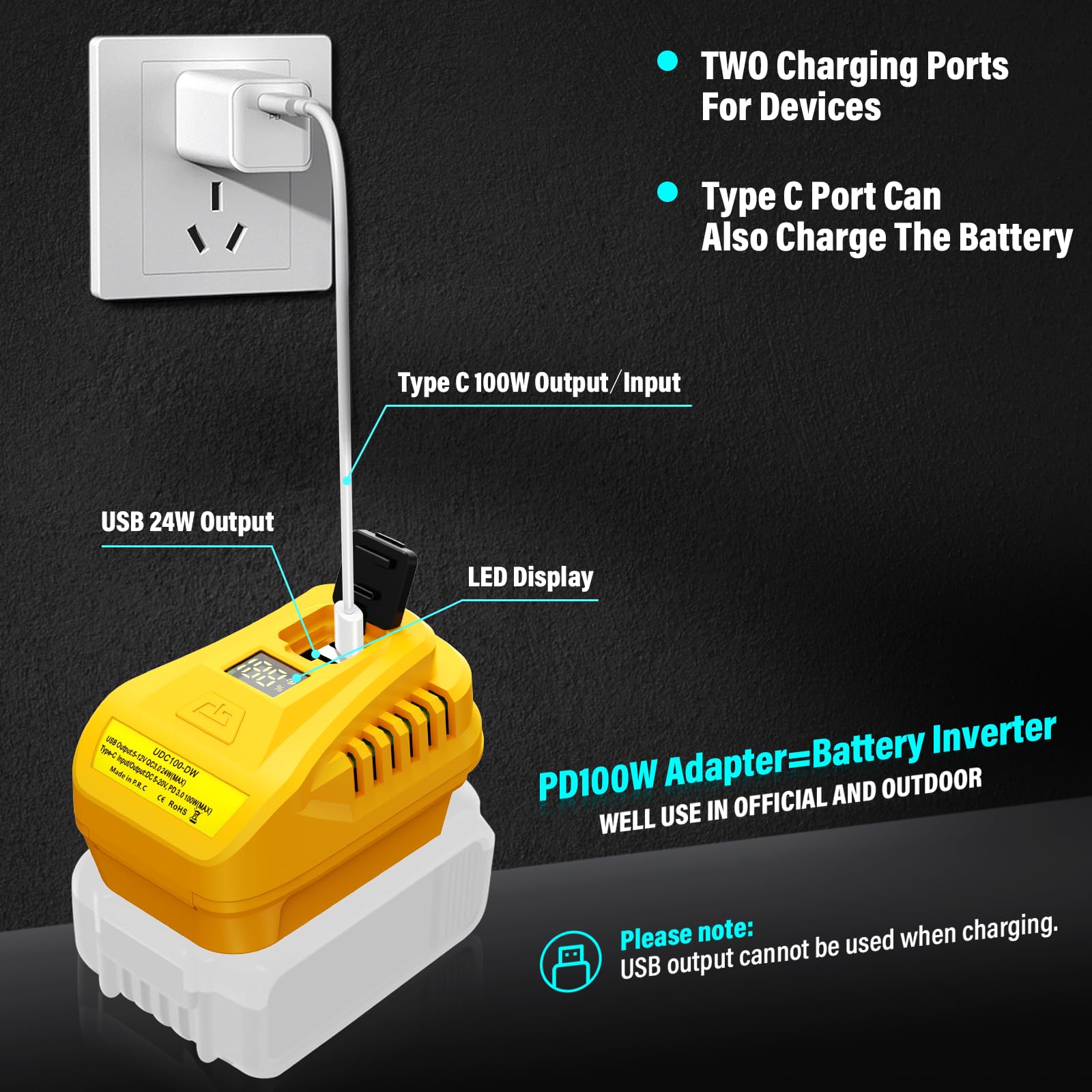 TPDL 100W Adapter for Dewalt 20V MAX Battery with Type C 100W Output PD3.0 and USB 24W QC3.0 Port, Type C Port Support Input for Battery Charging, with LED Show (Only Adapter)