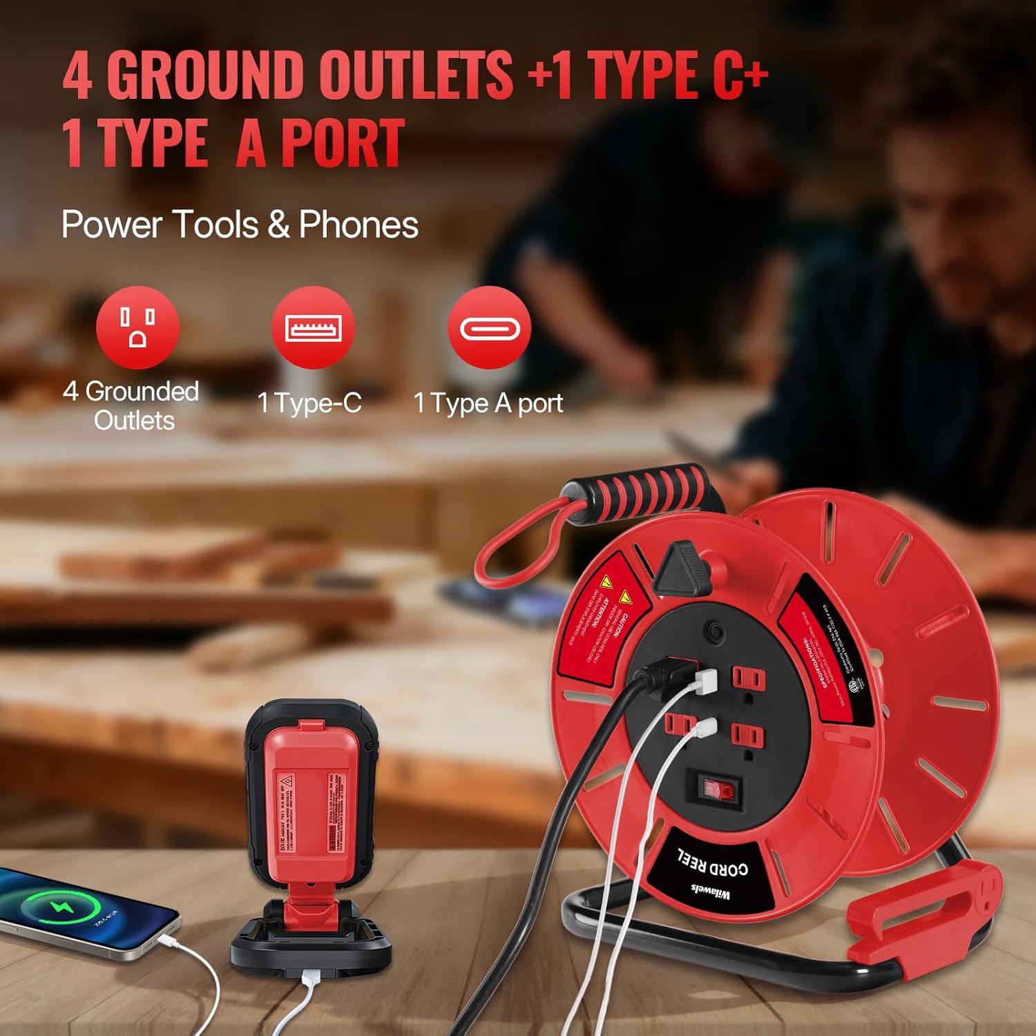 Extension Cord Storage Reel with 4-Grounded Outlet & 2 USB Port, 15A Circuit Breaker, Heavy Duty Open Cord Reel for 12/3,14/3 Gauge Power Cord, Hand Wind Retractable, ETL Listed Red R85CR06