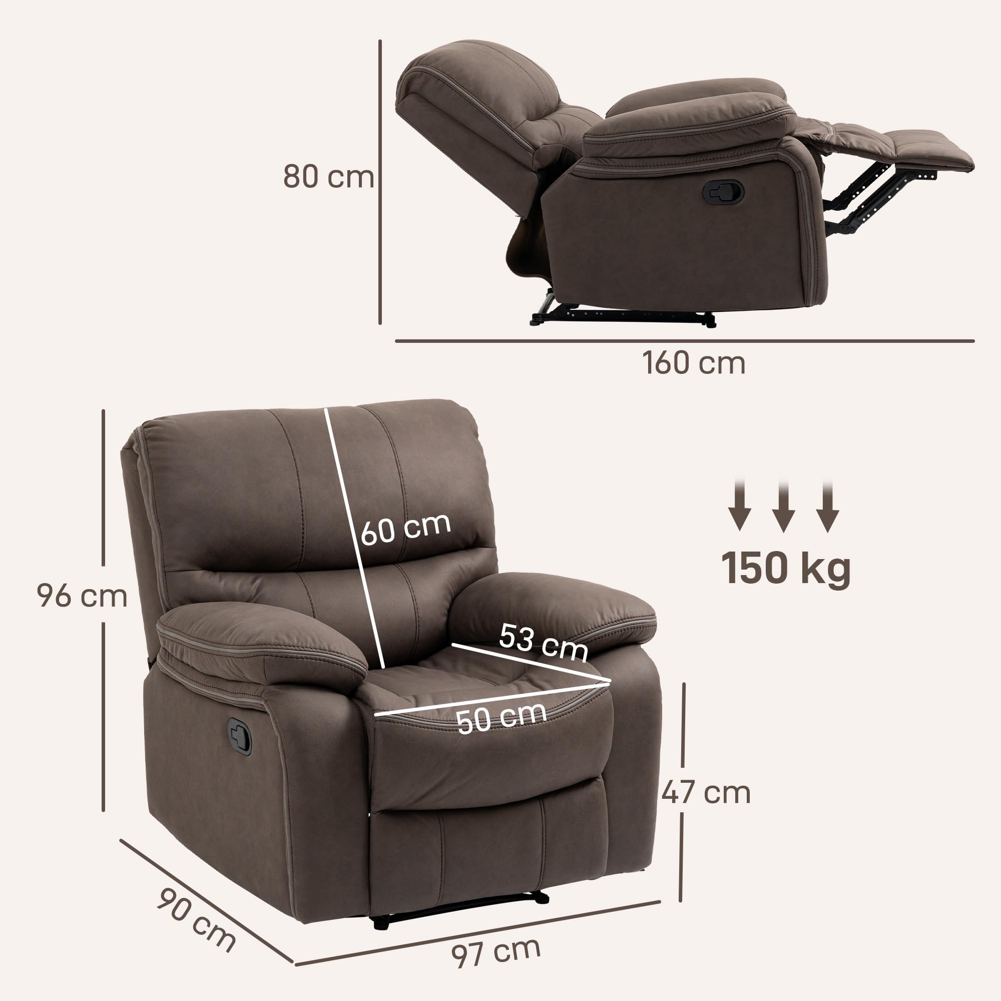 HOMCOM Poltrona Relax con Poggiapiedi, Poltrona Reclinabile Manuale 135°, Rivestimento in Microfibra e Imbottitura Extra, 97x90x96cm, Marrone