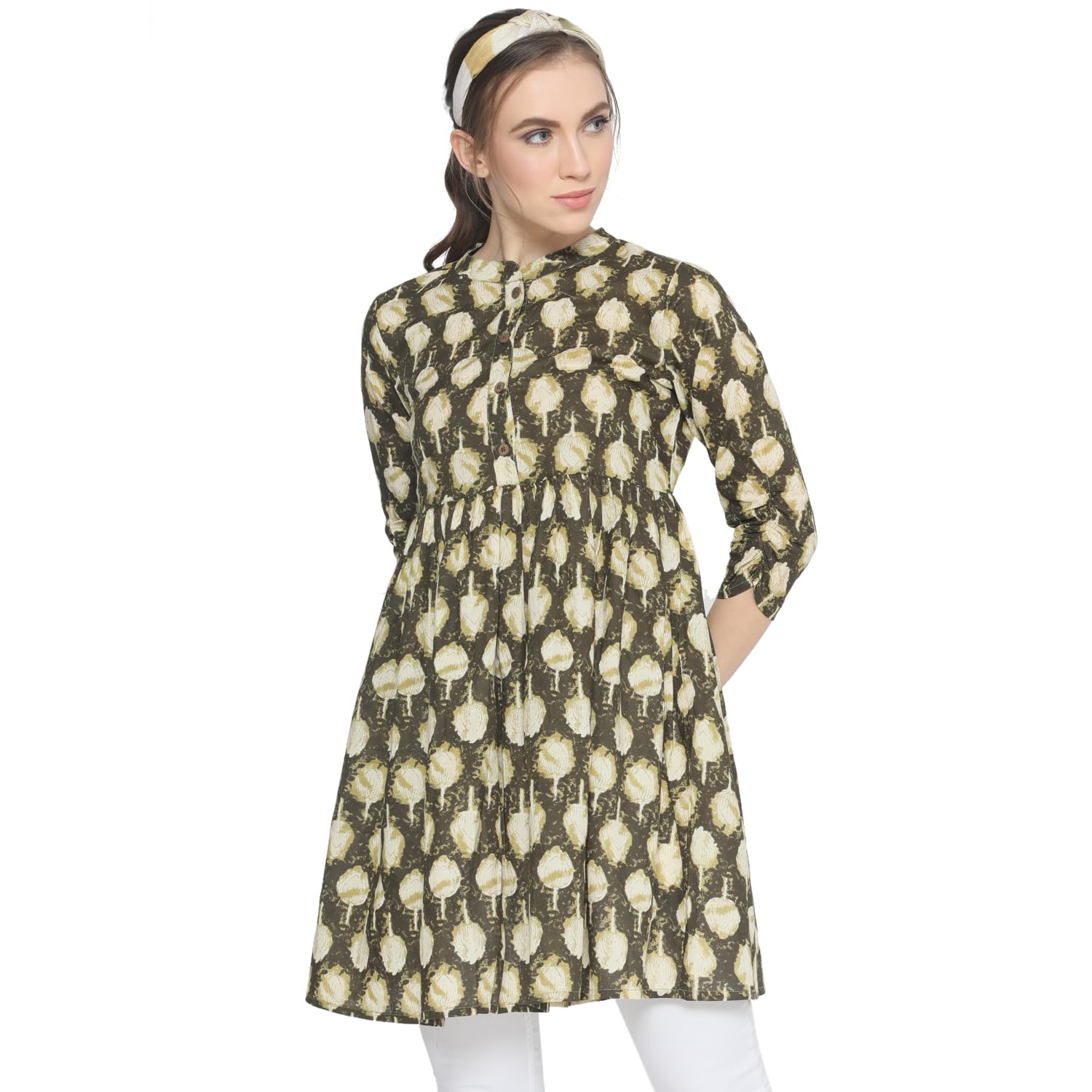 LaavniWomen Cotton Olive Printed Pleated Tunic (KT0042)