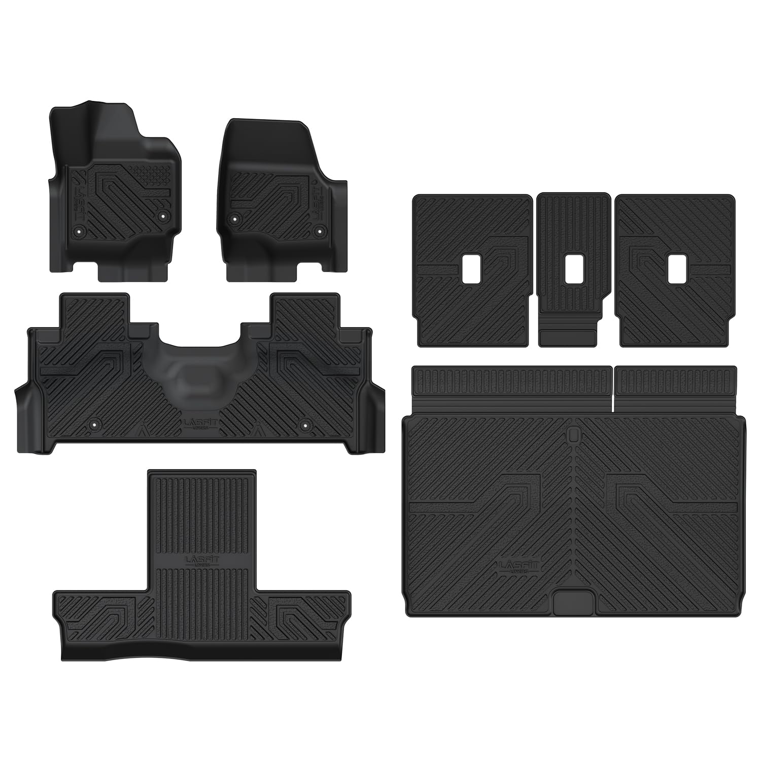 LASFIT Floor Mat& Cargo with Backrest Mat for 7 Seats 2025 2026 Ford Expedition Max & Lincoln Navigator L(Only 2nd Row Without Center Console),TPE Easy Clean Floor Liners,Full Set,Black