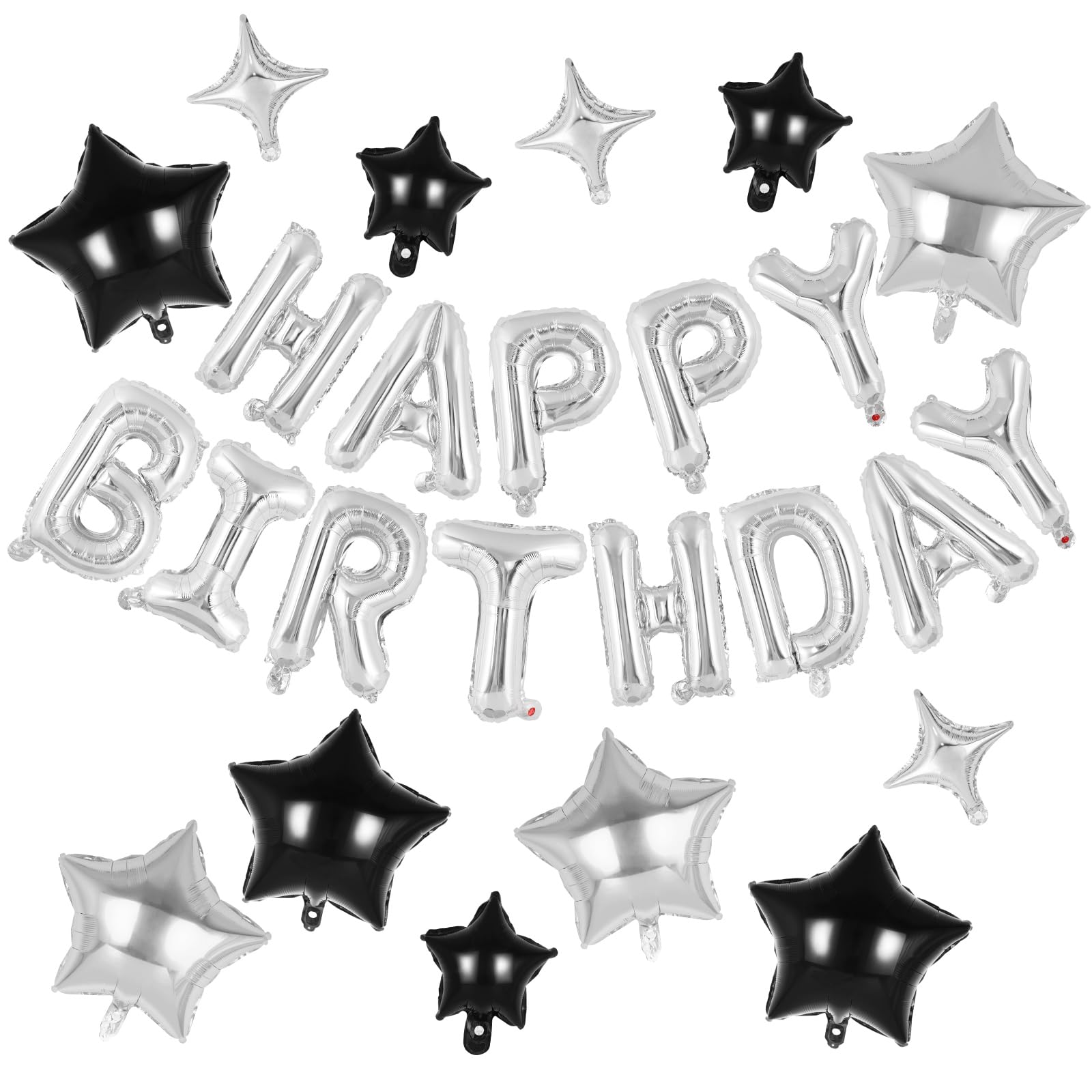 Silver Happy Birthday Balloons Banner Letter Balloon Sign 16 Inch with 12 Pcs Star Foil Balloons Birthday Party Backdrop Decorations for Women Men