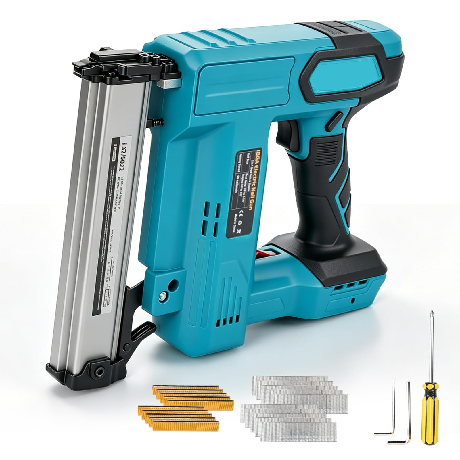 18GA - Clavadora y grapadora inalámbrica compatible con Makita 18V, pistola de clavos sin escobillas con 1000 clavos y 1000 grapas para mejoras del hogar, carpintería, tapicería (azul)