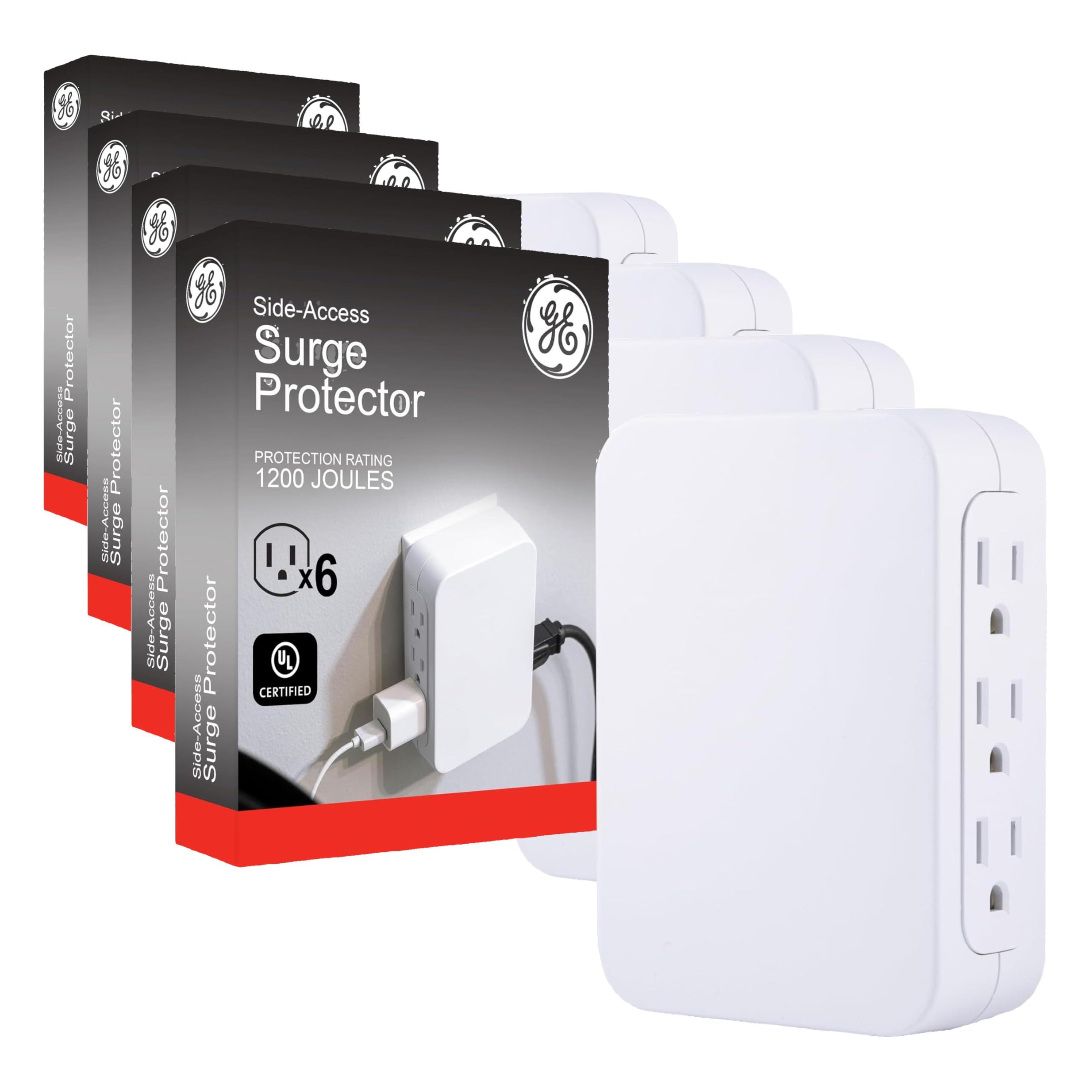 GE Pro 6-Outlet Extender,Surge Protector,Side Access,Wall Tap Adapter,3-Prong,1200 Joules,Warranty,UL Listed,White,10353,(Pack of 4)