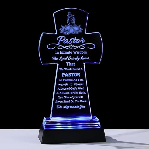 Regalos de agradecimiento para pastores para hombres y mujeres El mejor regalo de pastor, placa de cruz de cristal con base LED para pastores,