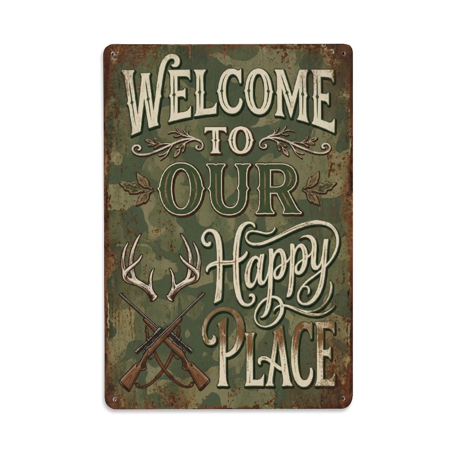 Welcome To Our Happy Place Hunting Lodge Vintage Metal Tin Sign Plaque Wall Decor for Cafe, Club, Garden Metal Poster 8x12Inch