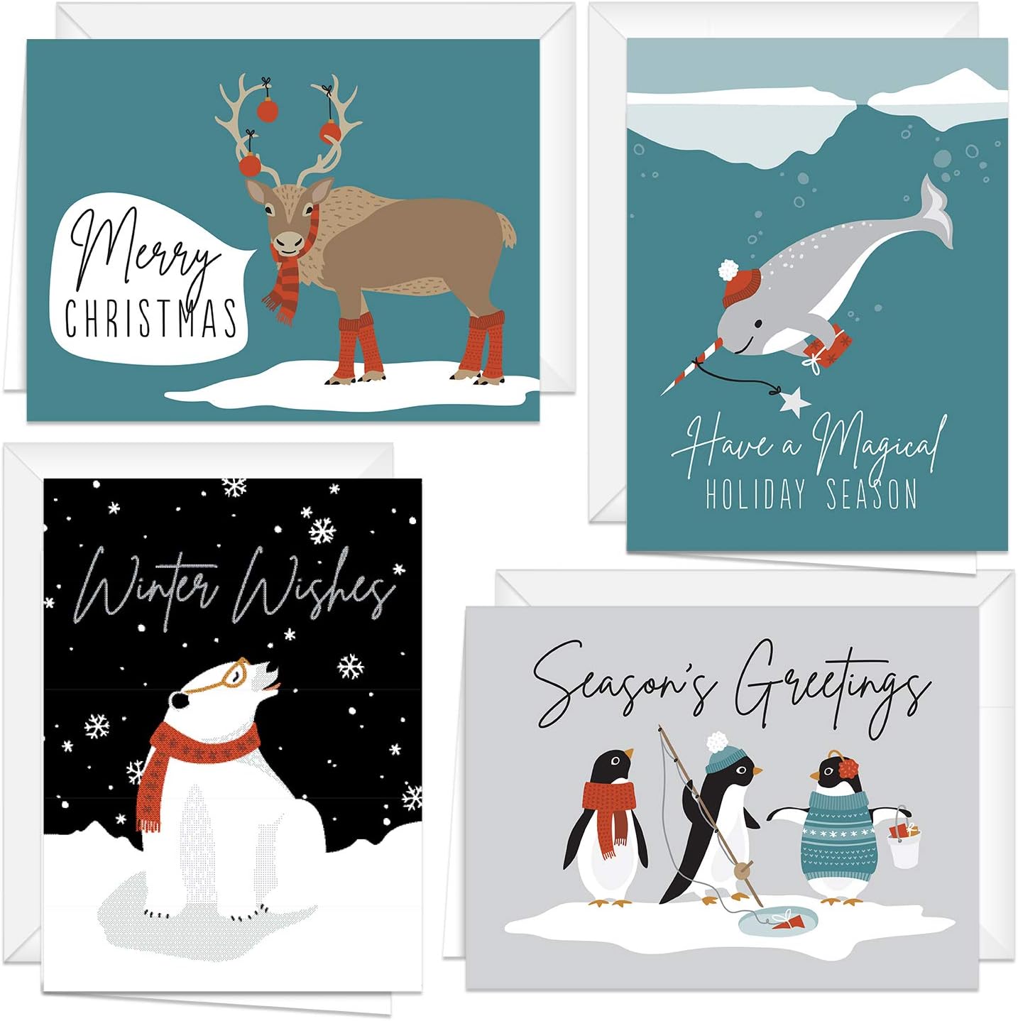 Canopy Street Illustrated Arctic Animals Holiday Card Pack / 24 Winter Greeting Cards With White Envelopes / 4 5/8" x 6 1/4" Adorable North Pole Animals Cards / 4 Christmas Note Card Designs