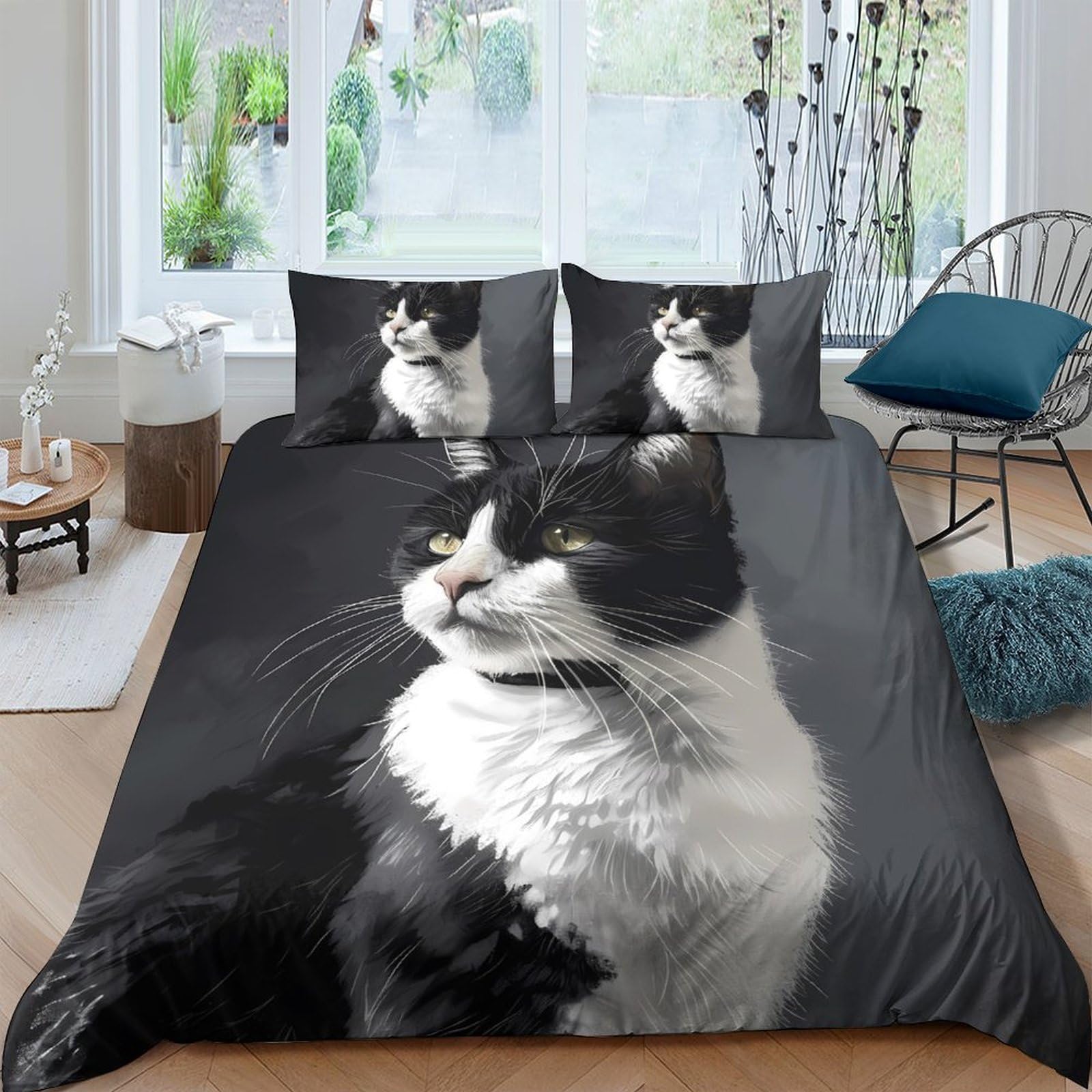 GPLZQXKJNH 3D Printed Black White Cat Duvet Cover Set Microfiber Soft Breathable Feline Portrait Bedding Set with 2 Pillowcases for Bedroom Home Single（135x200cm）