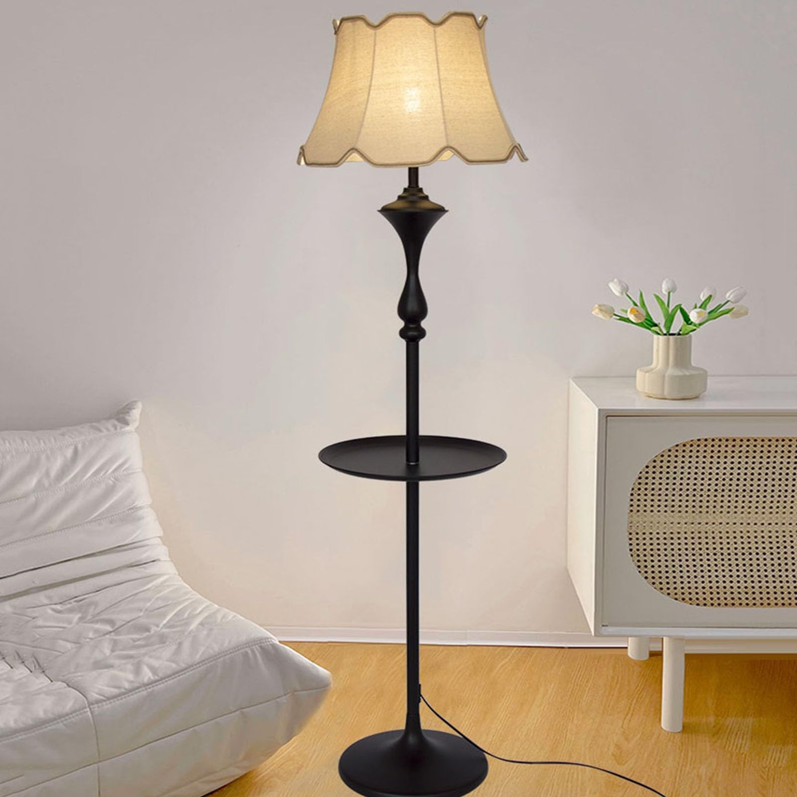 Nowoczesny stolik pomocniczy i lampa podłogowa LED, nowoczesna lampa podłogowa z blatem do sypialni, salonu, biura, dekoracja do czytania (beżowa)
