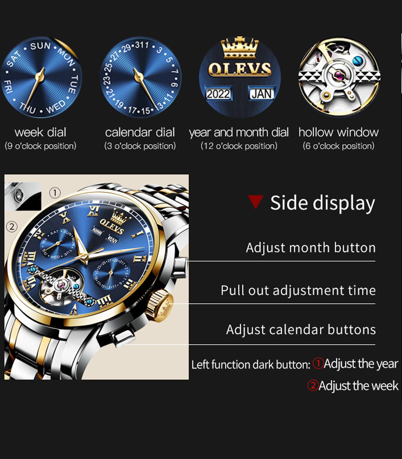 OLEVS Automatische selbstaufziehende Skelett-Armbanduhr für Herren, luxuriöser Edelstahl mit Datum,wasserdicht, Mode, Mechanische Uhren Wasserdicht für Herren