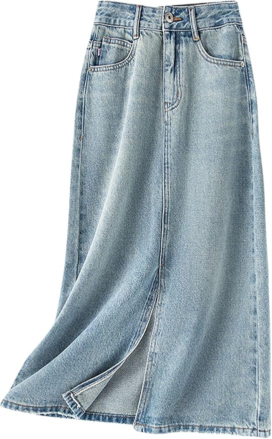 CHARTOU Women Casual Mid Long Denim Skirt Jean A Line Skirt Summer Packaged Hip High Waist Midi Denim Skirt with Slit fashion product photo