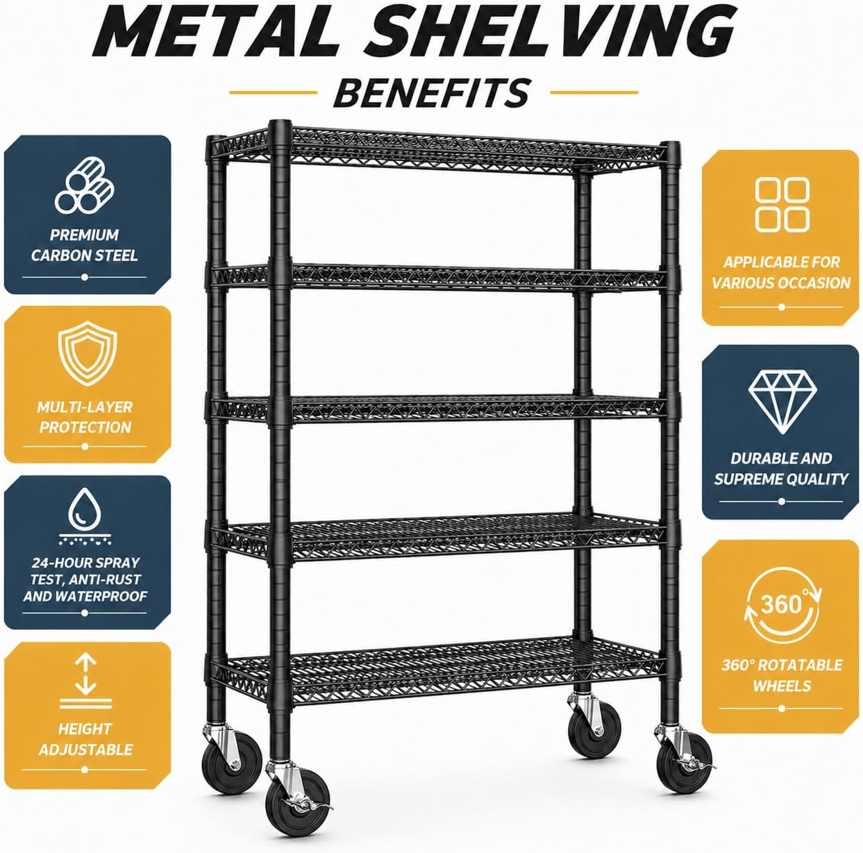 Heavy Duty 5-Tier Steel Wire Shelving Unit with Wheels, 1750 lbs Total Capacity, Adjustable Metal Storage Rack for Garage Warehouse Industrial Use, Black, 47.25" W x 17.75" D x 77" H