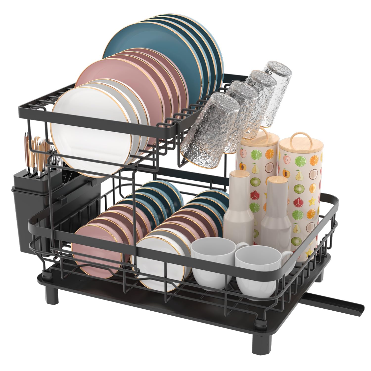 Dish Drainers, Double Layer Dish Rack with Drainage Plate and Rotating Nozzle, Dish drying Rack with Tableware Rack and Cup Holder(Black)