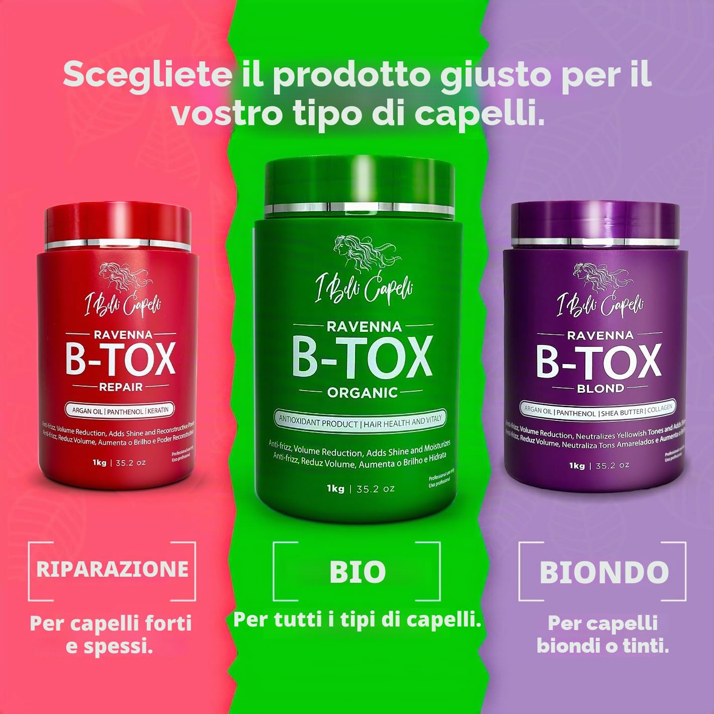 I Belli Capelli Ravenna Organic Hair B-tox, trattamento anti-crespo, senza formaldeide, lisciante per capelli, 35.2 oz / 1 kg | Formula delicata della linea · Odore basso · Idratazione profonda