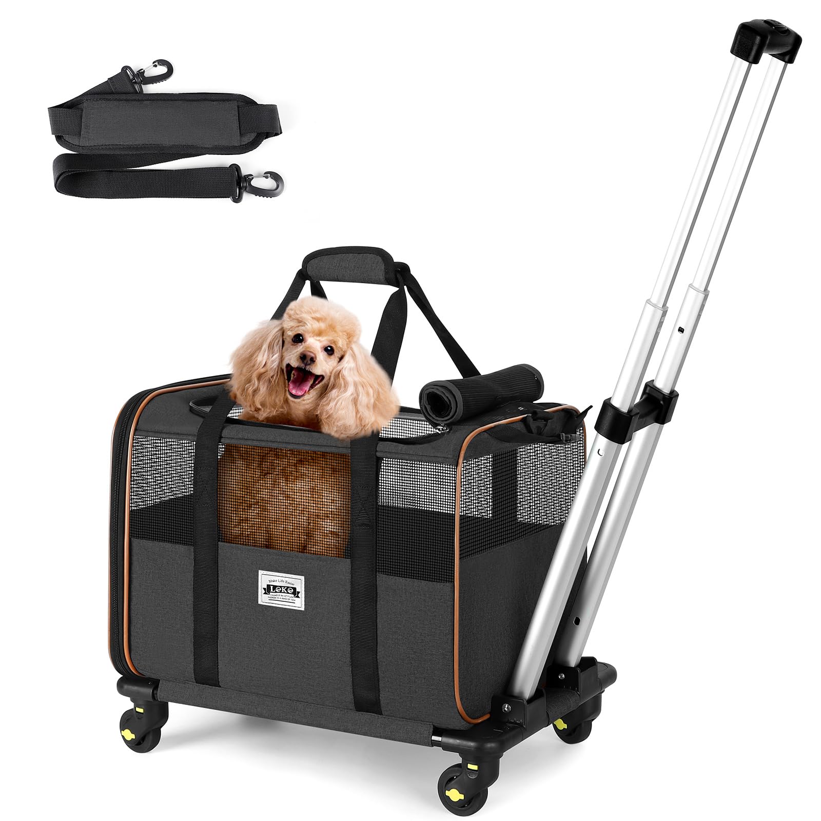 Lekereise Dog Carrier with Wheels for Small Dogs and Cats, Airline Approved Pet Carrier with Wheels, Rolling Dog Cat Carrier, Black