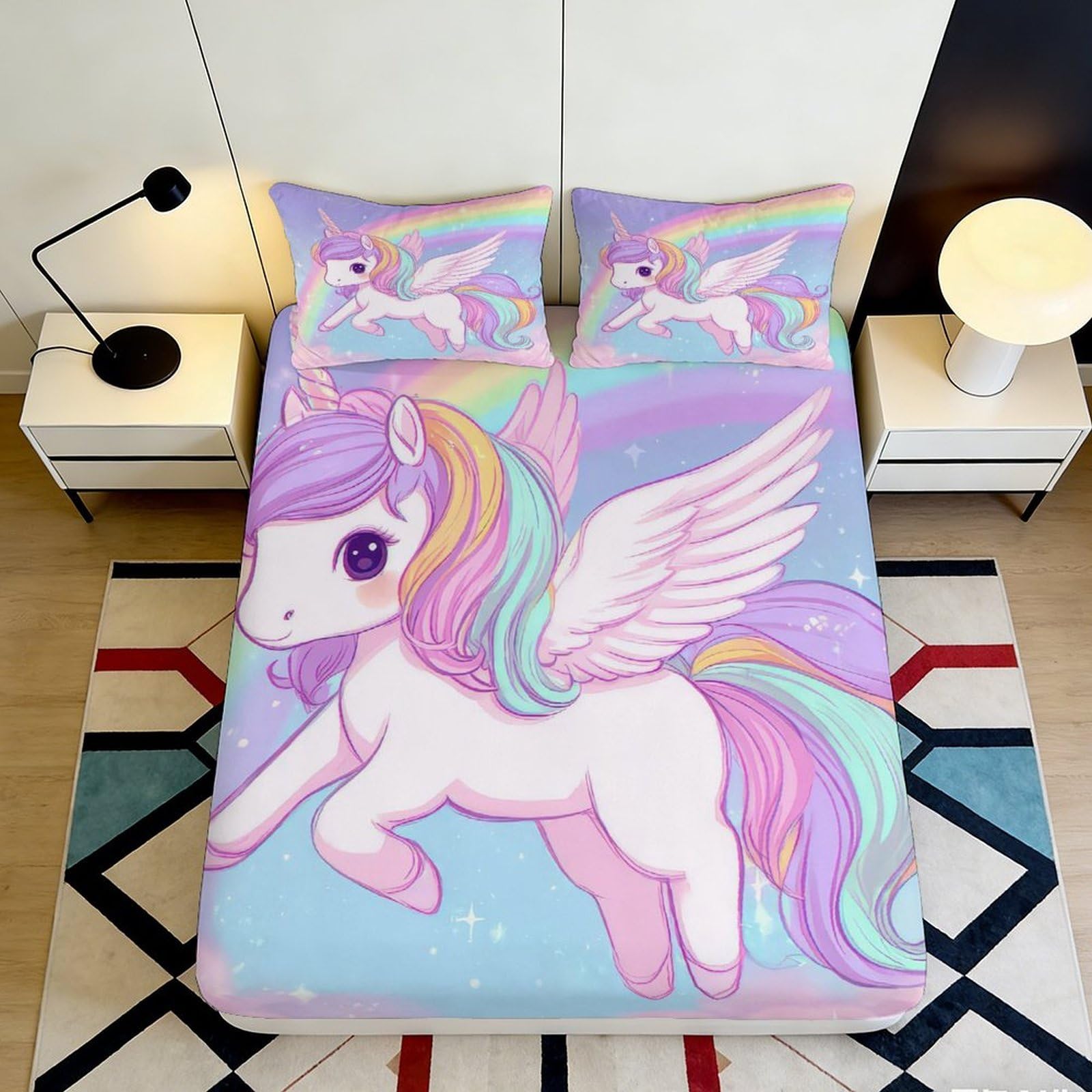 3D Printed Unicorn Rainbow Fitted Sheet Microfiber Soft Breathable Pegasus Bed Cover for Bedroom Dormitory Guest Room Mattress Protection Decor 140x200x25cm