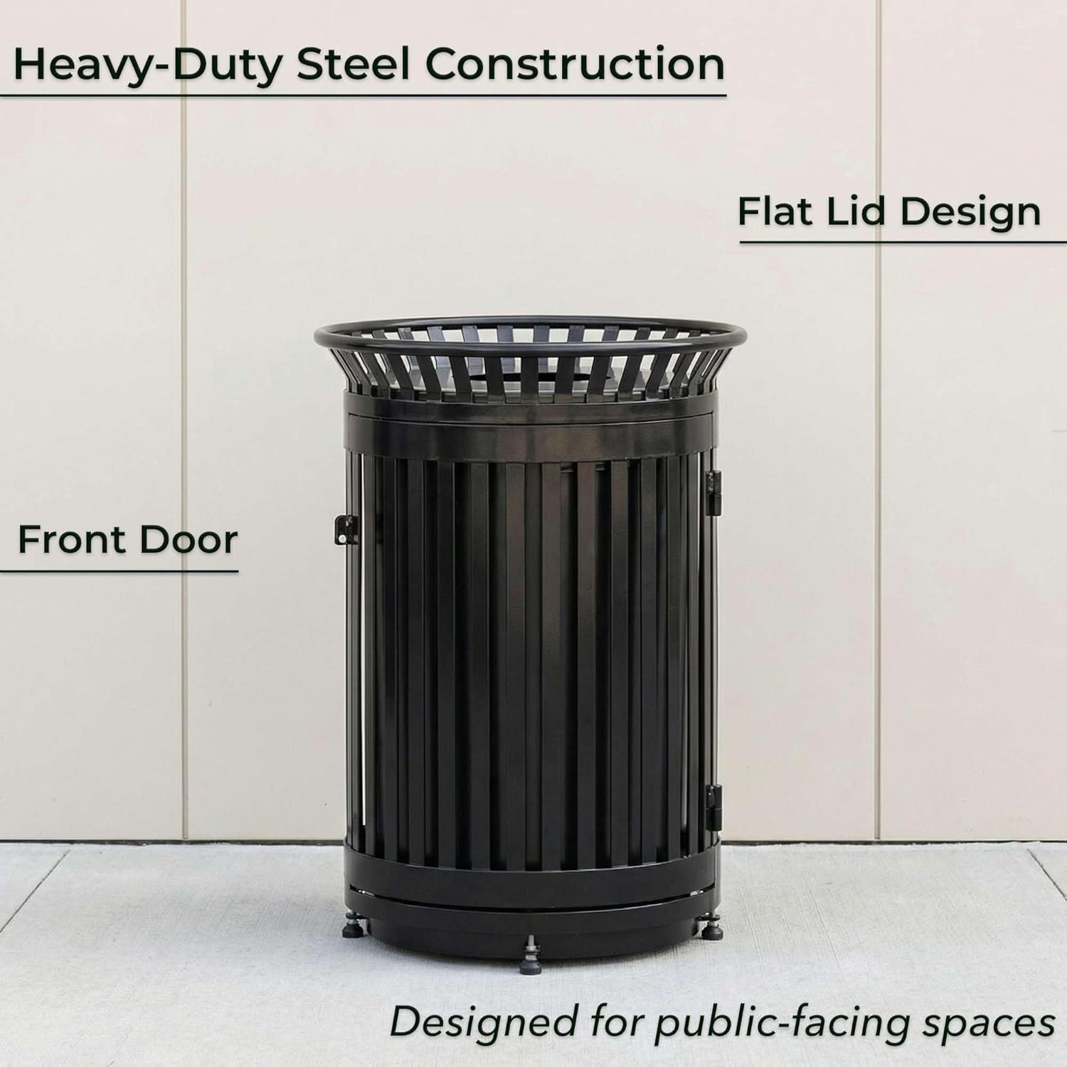 45 Gallon Commercial Heavy-Duty Trash Can - Black Outdoor Steel Slatted Waste Receptacle with Flat Lid, Front Access Door, and Rigid Plastic Liner, Round Bin for Parks, Schools, and Municipalities