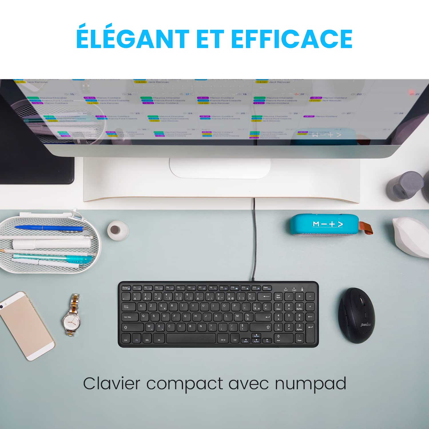 Perixx PERIBOARD-213U, Clavier Compacte Silencieux Filiare – Clavier Chiclet avec Touches Ciseaux Silencieuses et Touches Multimédia pour Windows - AZERTY Français - Noir