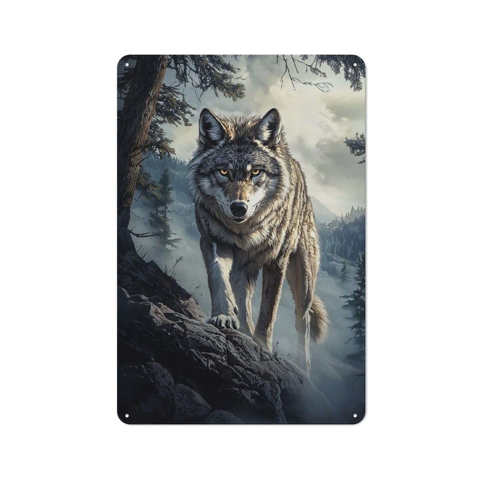 Junmoney Style-9 30X20cm Retro Tin Sign With Wolf In Mountain Landscape For Lounge Or Reading Corner, A Decorative Metal Sign For Lounges And Reading Corners