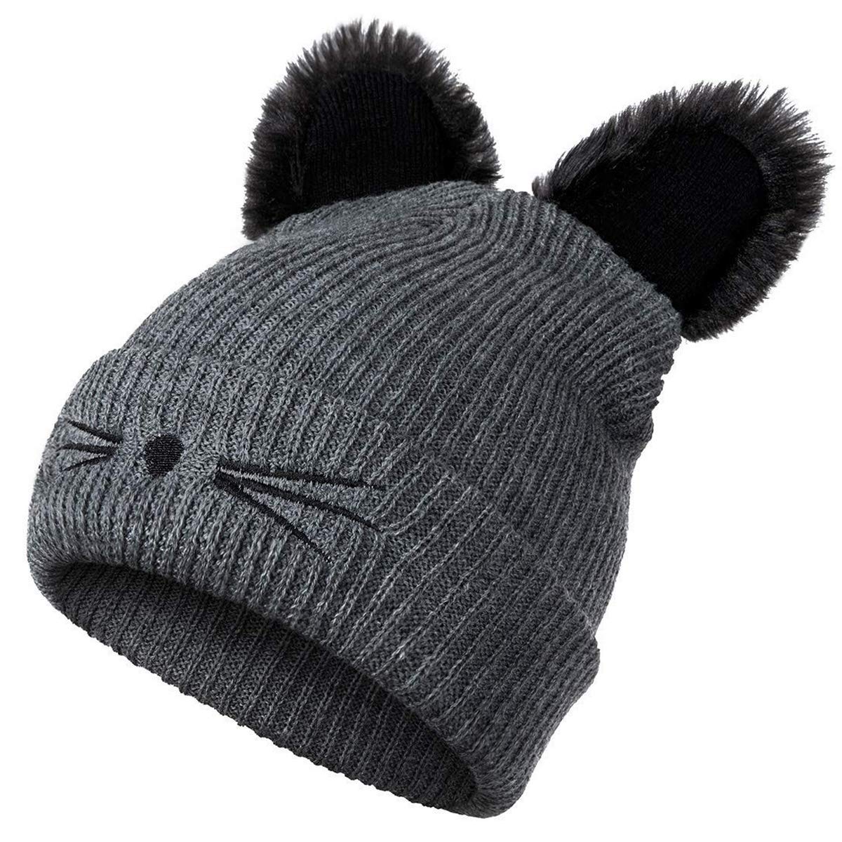 Xrdss Women's Grey Girls Cat Ears Beanie Hat Winter Warm Knitted Ski Hat (Grey)