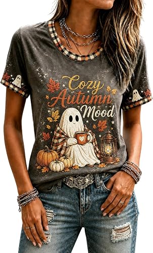 Halloween Tops for Women Short Sleeve Crewneck Pumpkin Graphic Tee